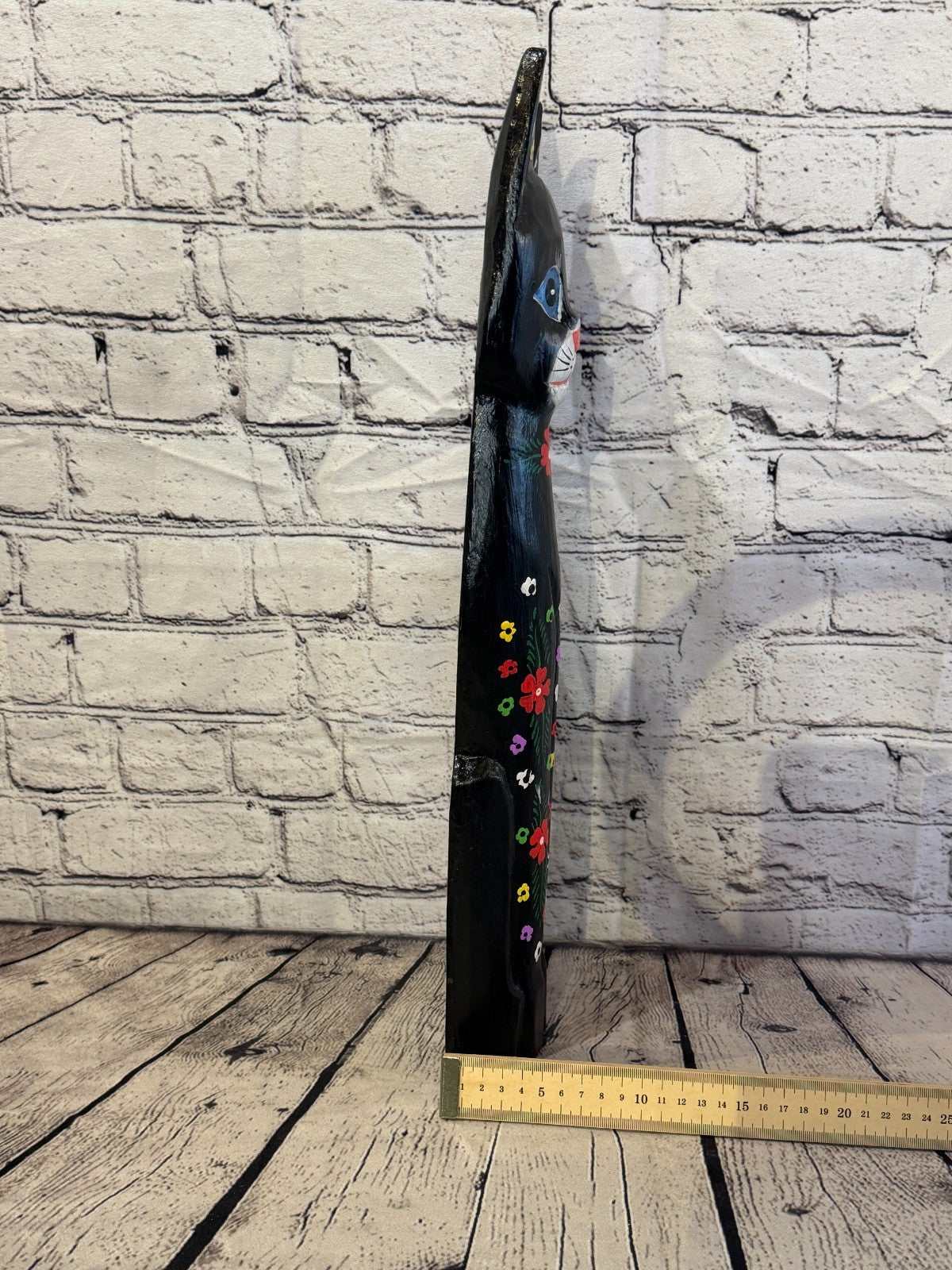 50cm Black Mix Flower Wooden Shabby Cat Statue Ornament Fair Trade Handcarved7