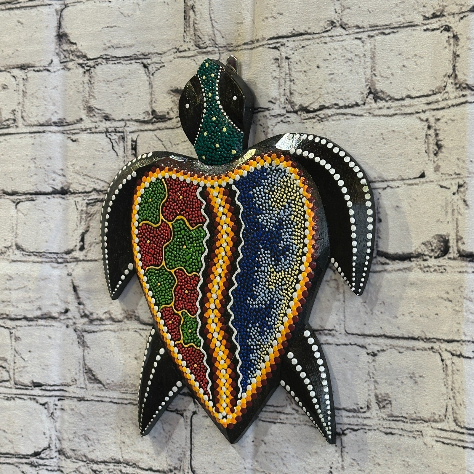 30cm Turtle Carved Wooden Dot Painted Ethnic Tribal Tiki Wall Art Handmade No 31
