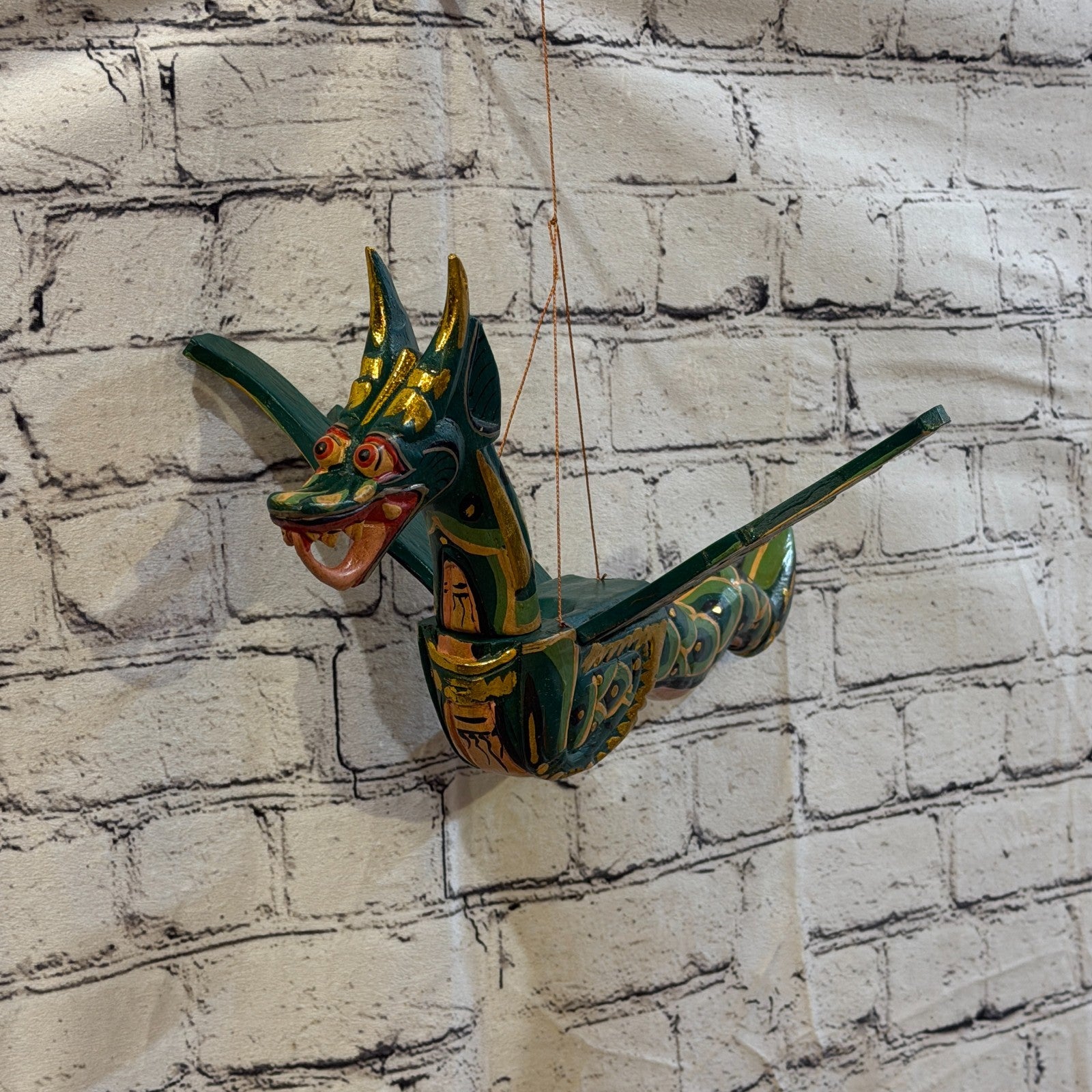40cm Green Dragon Folk Art Carved Wood Flying Winged Mobile Spirit Guardian1
