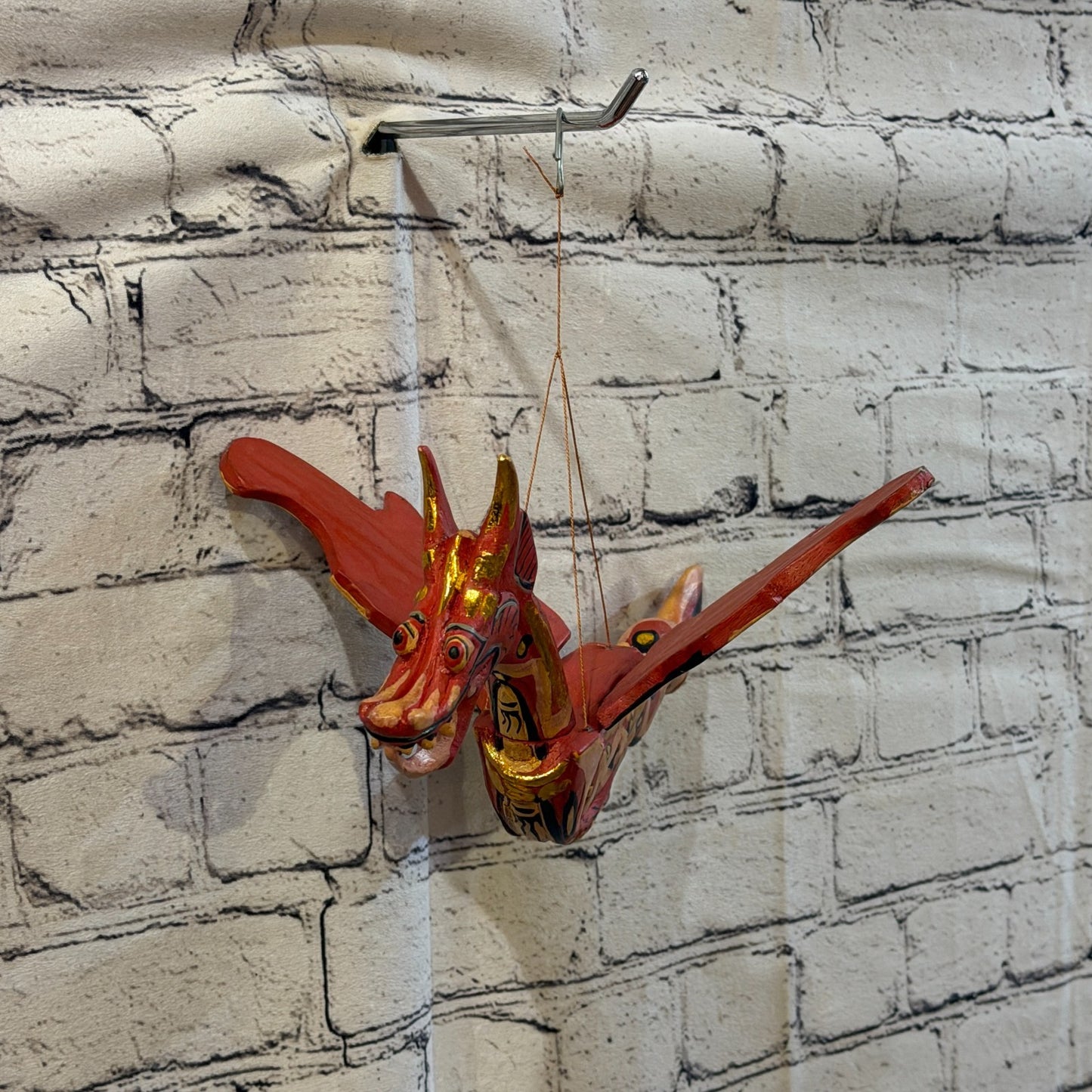 35cm Red Dragon Folk Art Carved Wood Flying Winged Mobile Spirit Guardian1