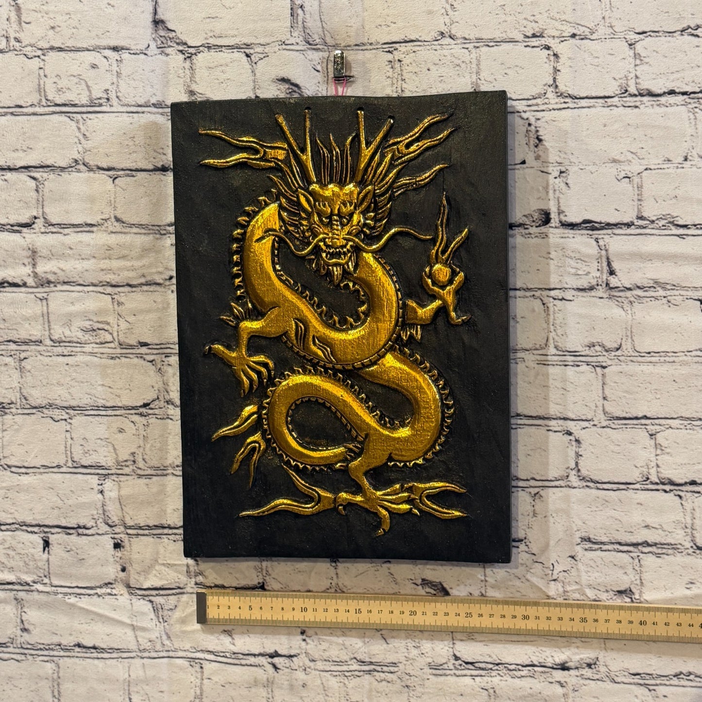 Wooden Wood Panel 40cm Black Gold Chinese Dragon Wall Art Plaque Handcarved3