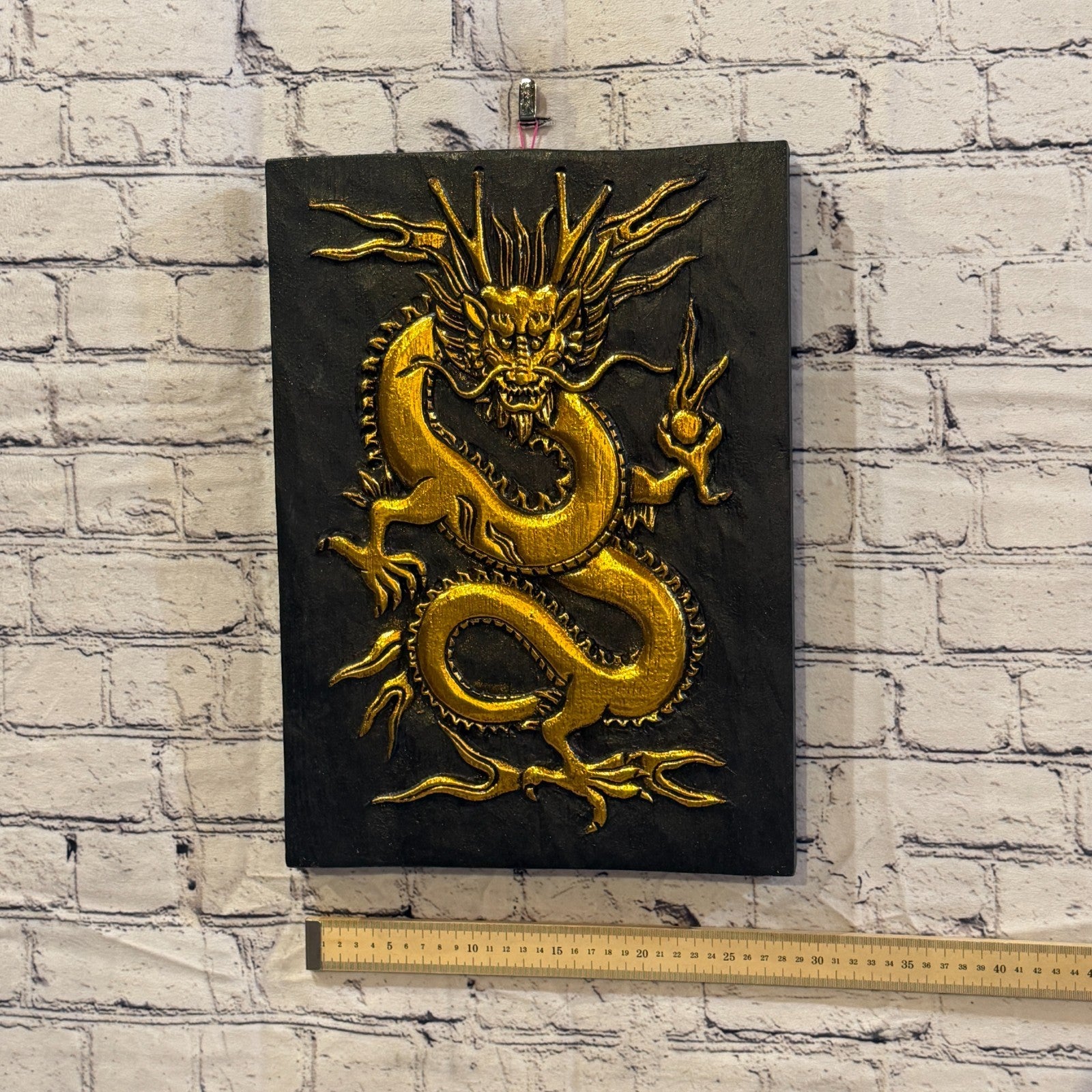 Wooden Wood Panel 40cm Black Gold Chinese Dragon Wall Art Plaque Handcarved3