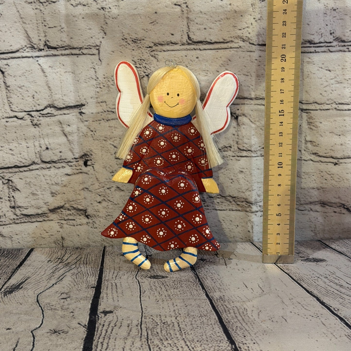 20cm Red Shelf Sitter Angel Figurine Folk Art Wood Fabric Baltic Handmade2