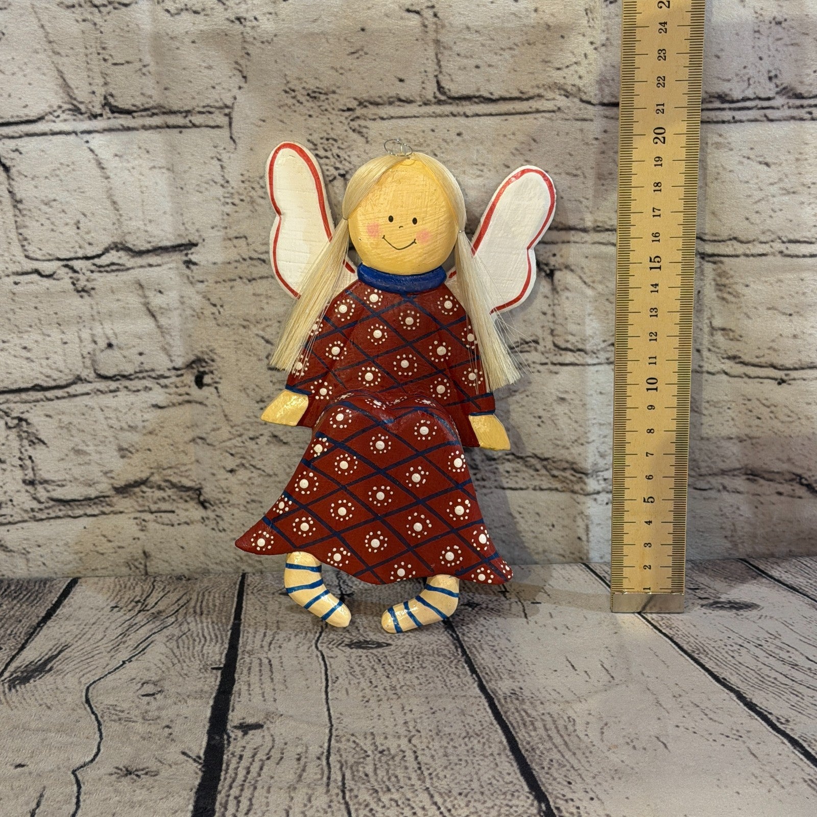 20cm Red Shelf Sitter Angel Figurine Folk Art Wood Fabric Baltic Handmade2