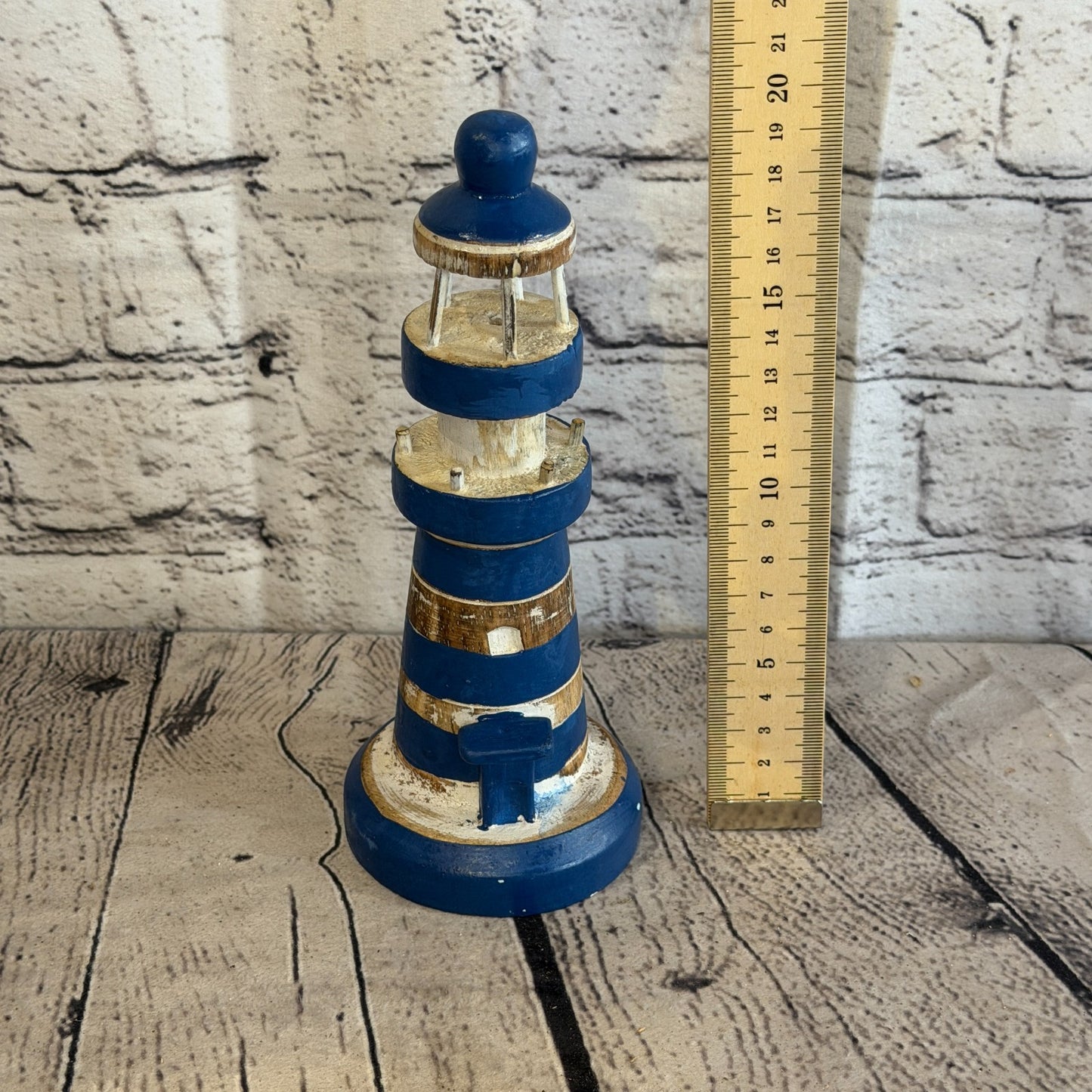 25cm Blue White Wooden Lighthouse Detailed Ornament Nautical Coastal Sculpture3