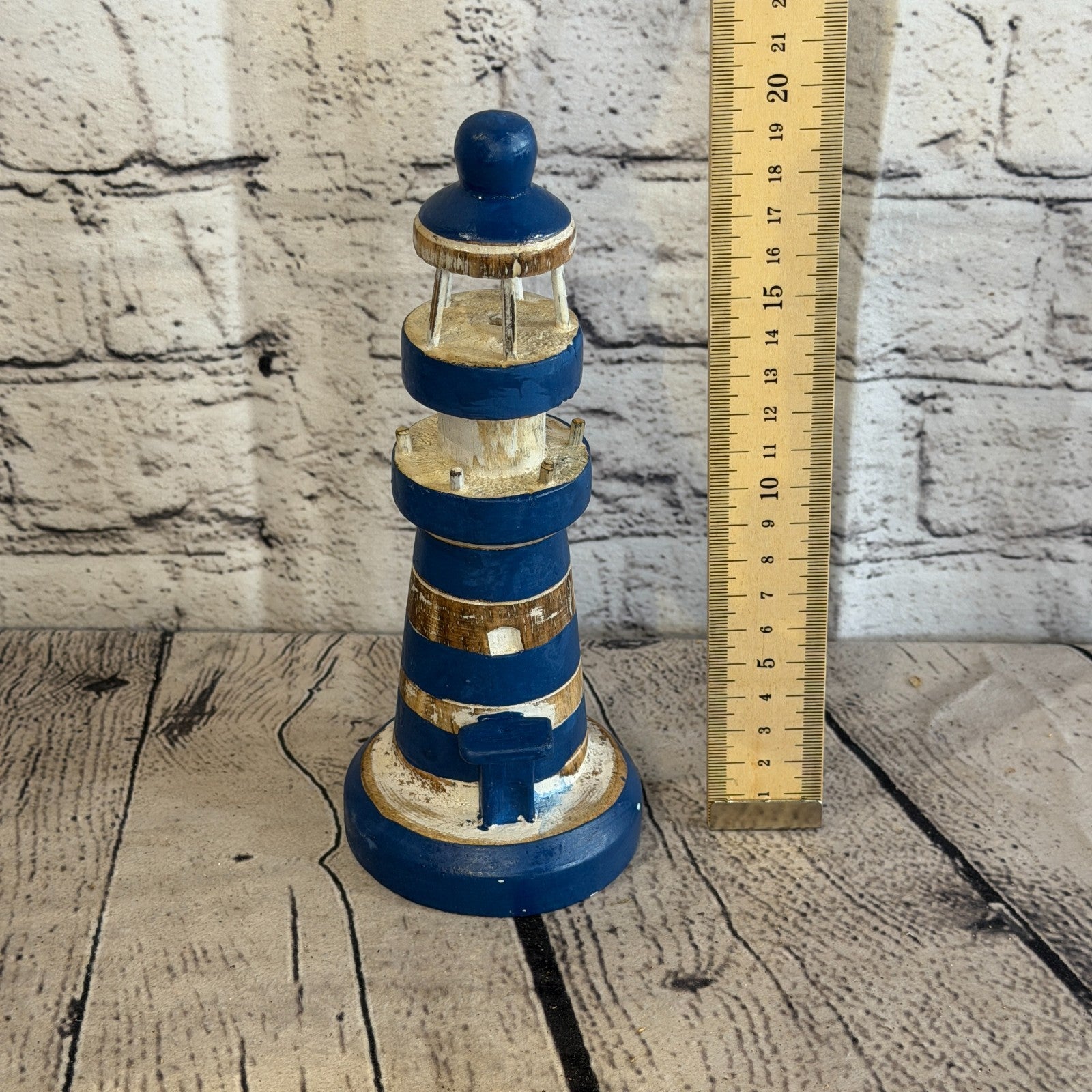 25cm Blue White Wooden Lighthouse Detailed Ornament Nautical Coastal Sculpture3