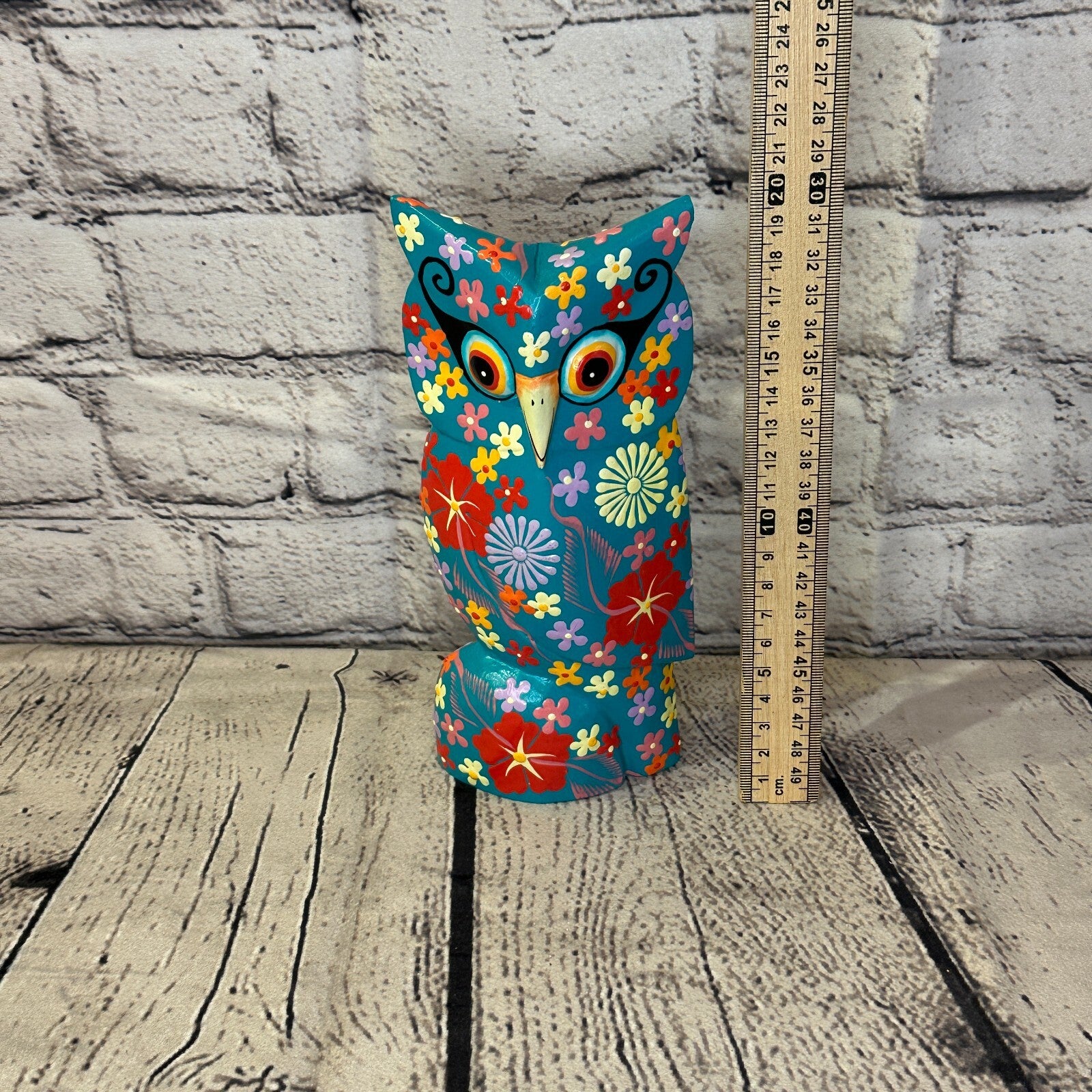Blue Large Wooden Owl With Flower Pattern 20cm x 8cm Handmade and Fairtrade5