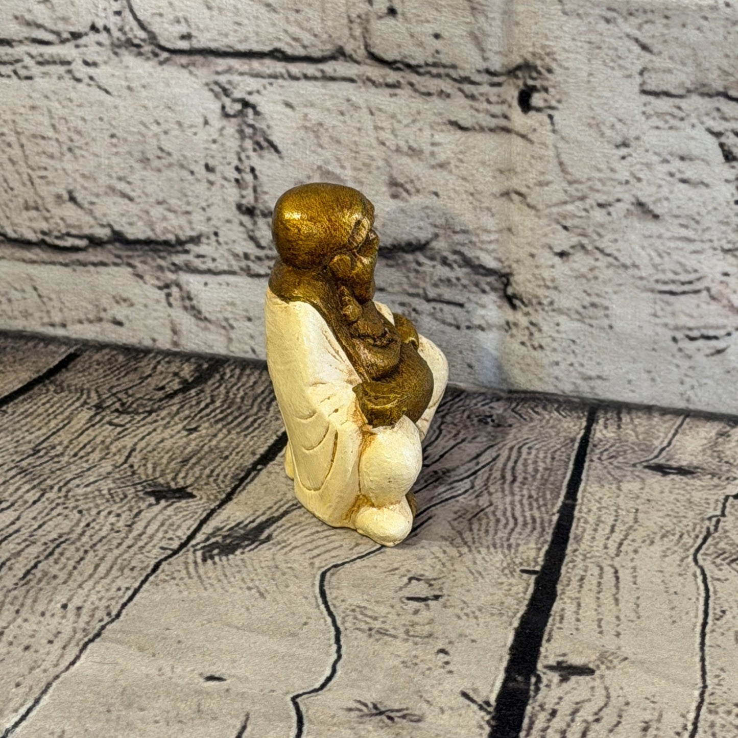 Cream & Bronze 10cm x 10cm Small Chinese Buddha Sitting On Lotus Statue Resin3