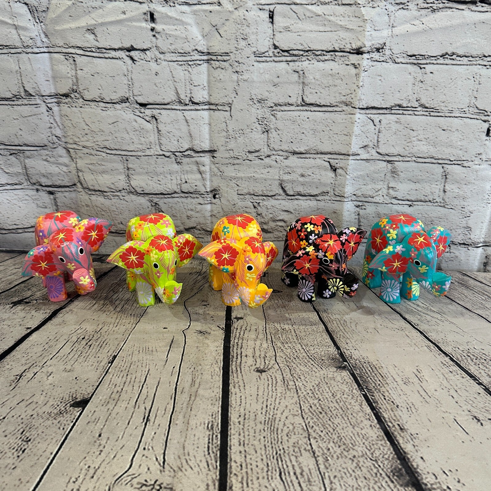 Blue Wooden Elephant With Flower Pattern 10cm x 12cm Handmade and Fairtrade9