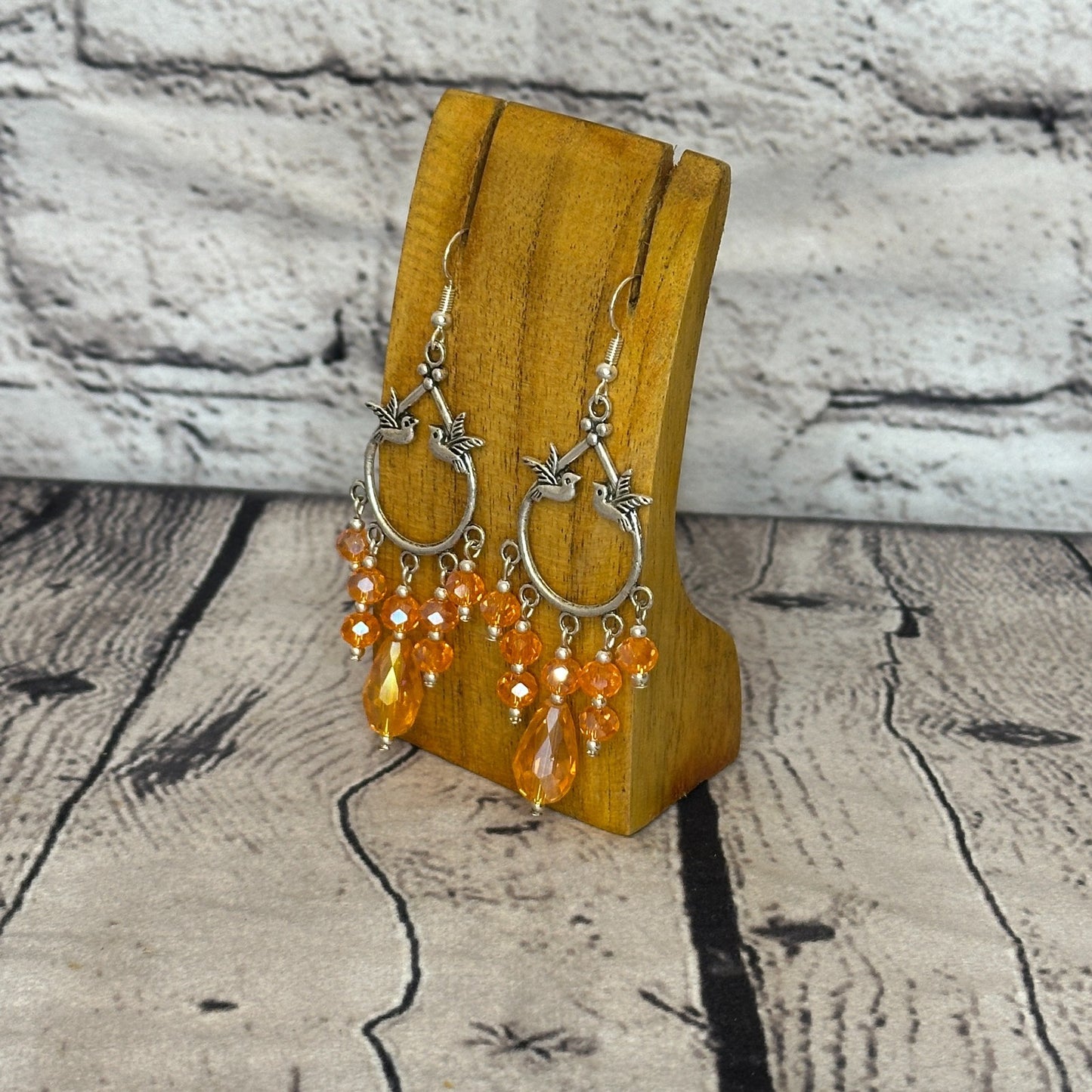 Orange Drop Crystal Bird Dangle Drop Earrings Handmade UK Jewellery1