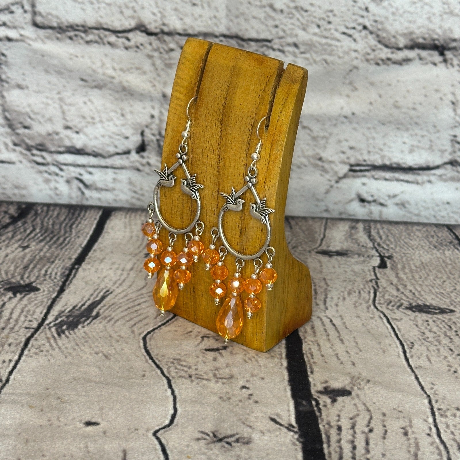 Orange Drop Crystal Bird Dangle Drop Earrings Handmade UK Jewellery1