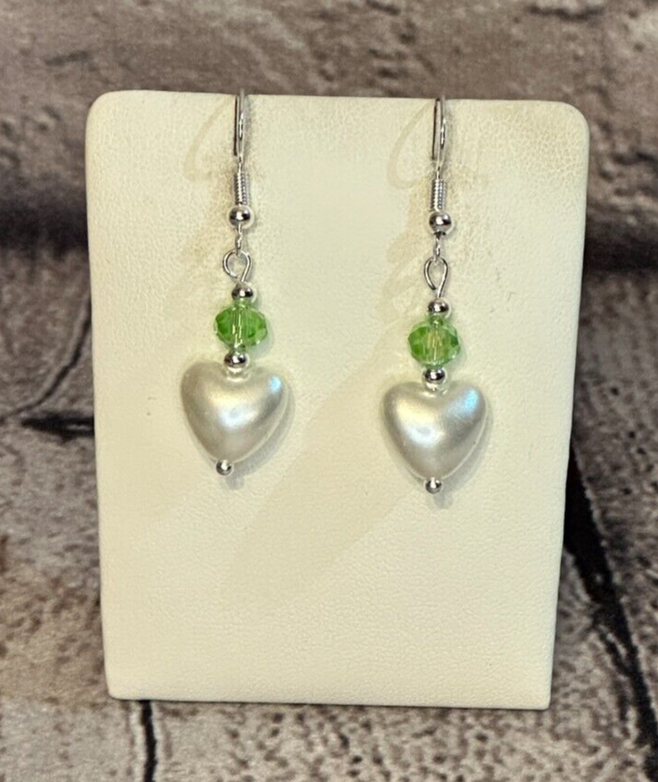Olive Crystal And White Heart Shaped Dangle Drop Earrings Handmade UK Jewellery0