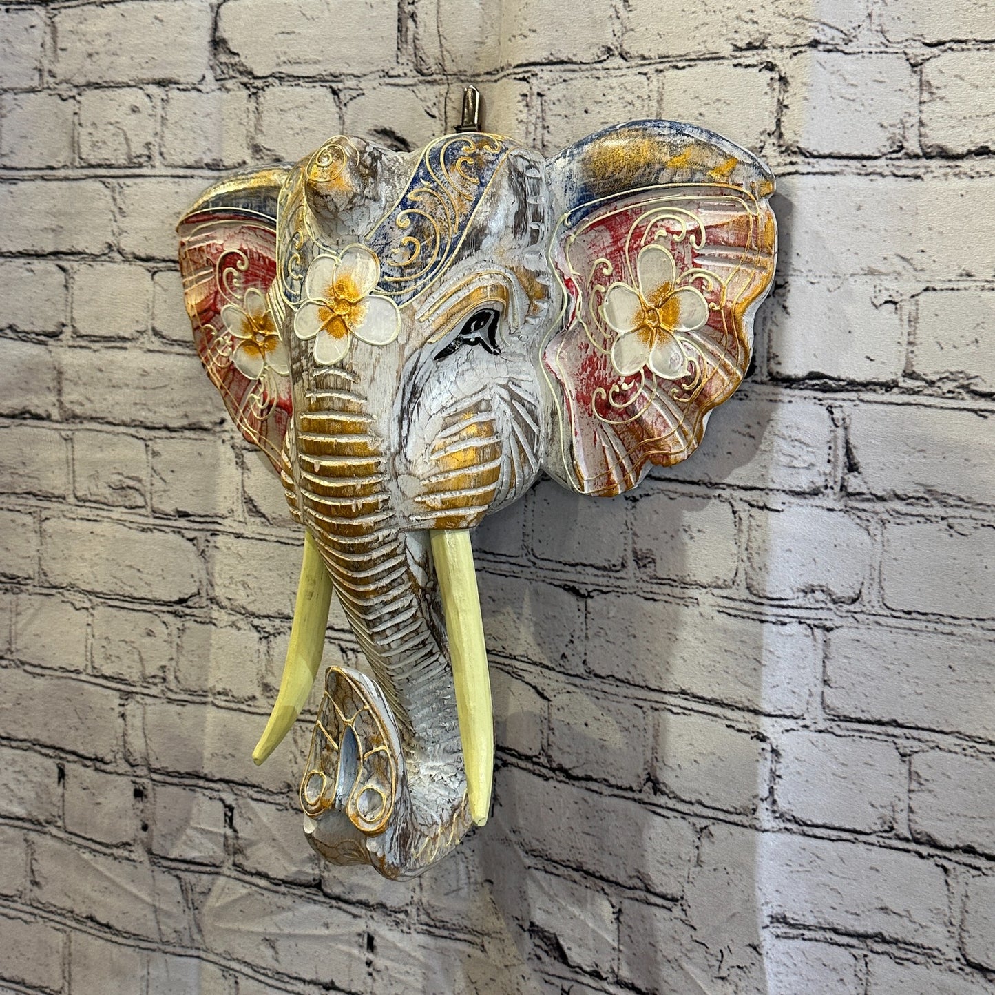 40cm x 35cm Pink Flower Painted Wood Elephant Head Wall Mounted Art Shabby1