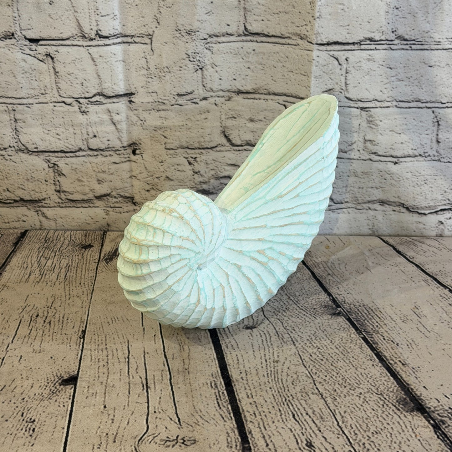 25cm Green Shabby Pastel Nautilus Shell Ornament Decor Carved Light Wood Figure0