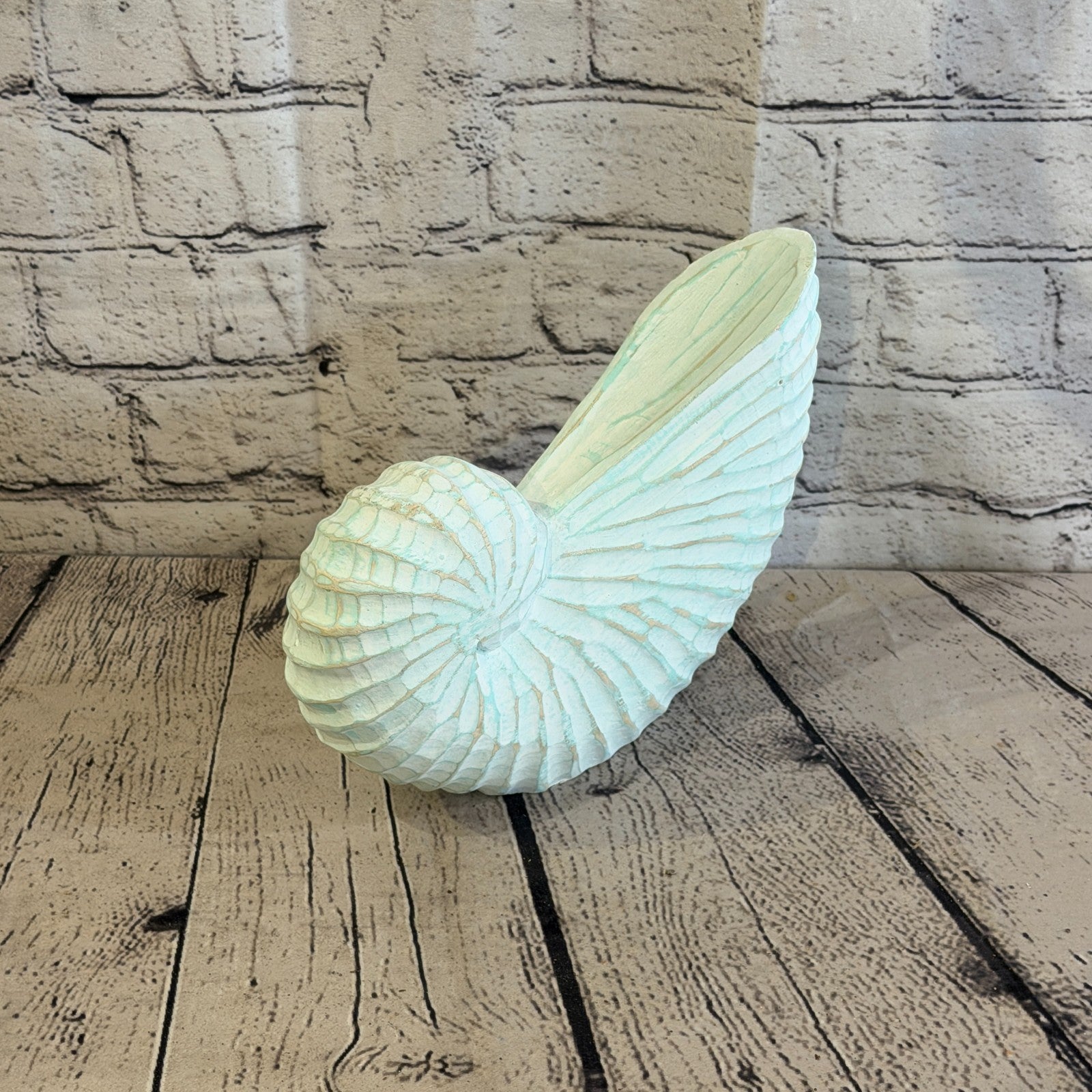 25cm Green Shabby Pastel Nautilus Shell Ornament Decor Carved Light Wood Figure0