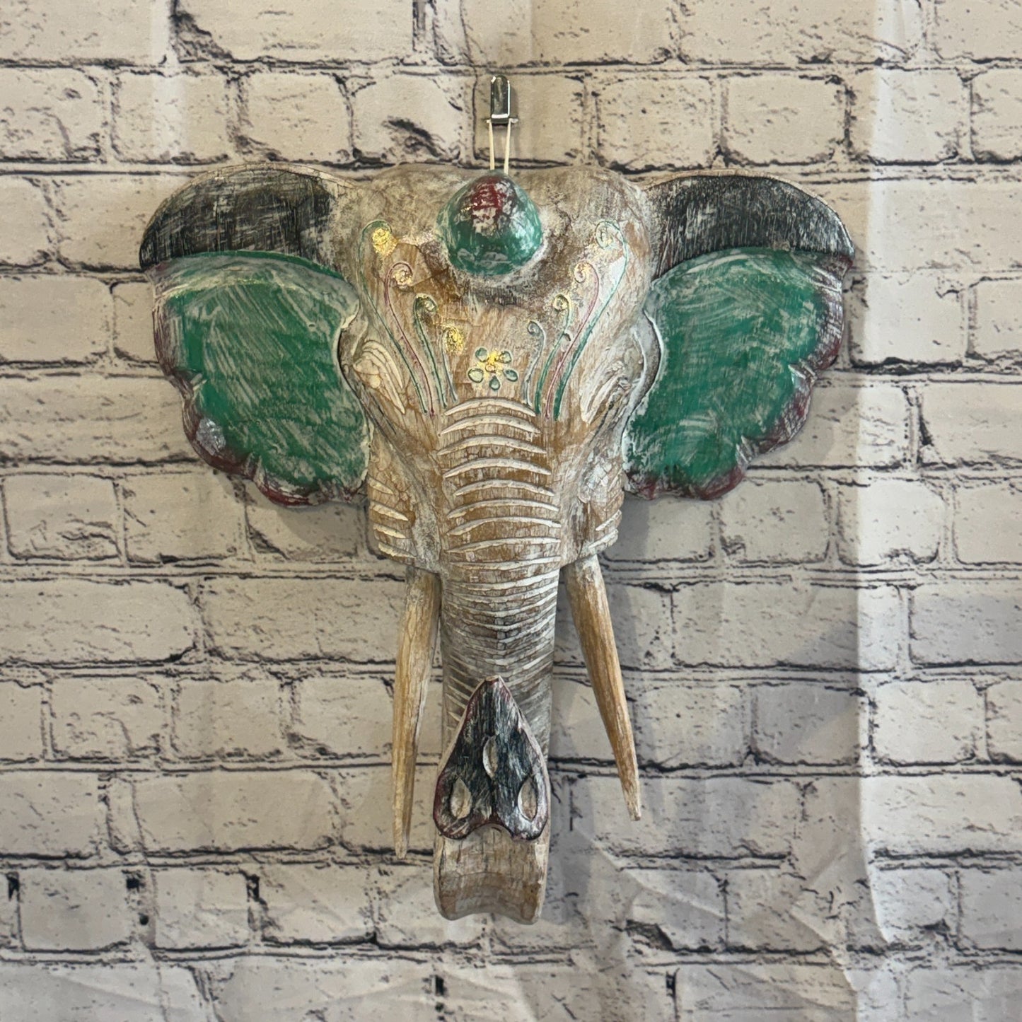 40cm x 35cm Silver Green Painted Wood Elephant Head Wall Mounted Art Shabby2