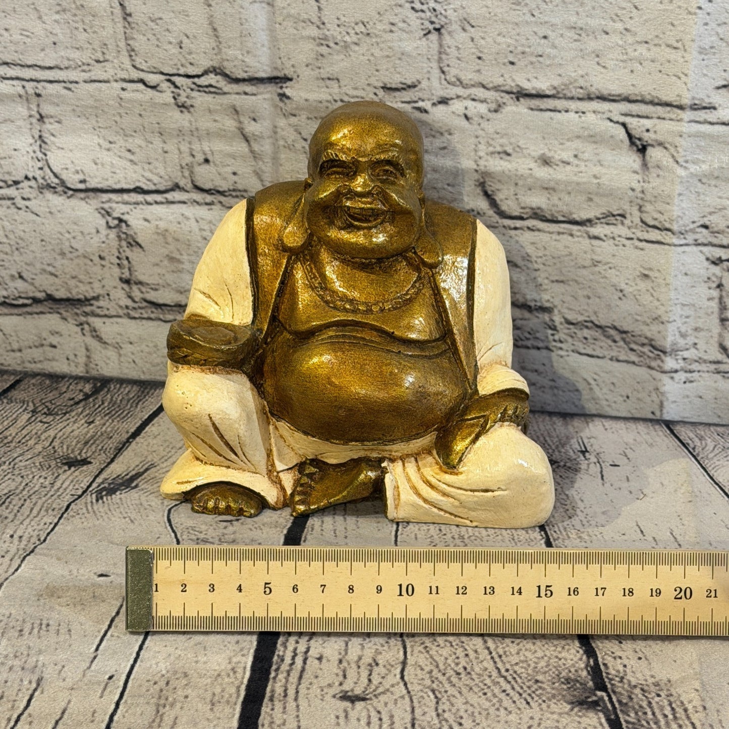 Cream & Bronze 15cm x 15cm Large Chinese Buddha Sitting On Lotus Statue Resin6