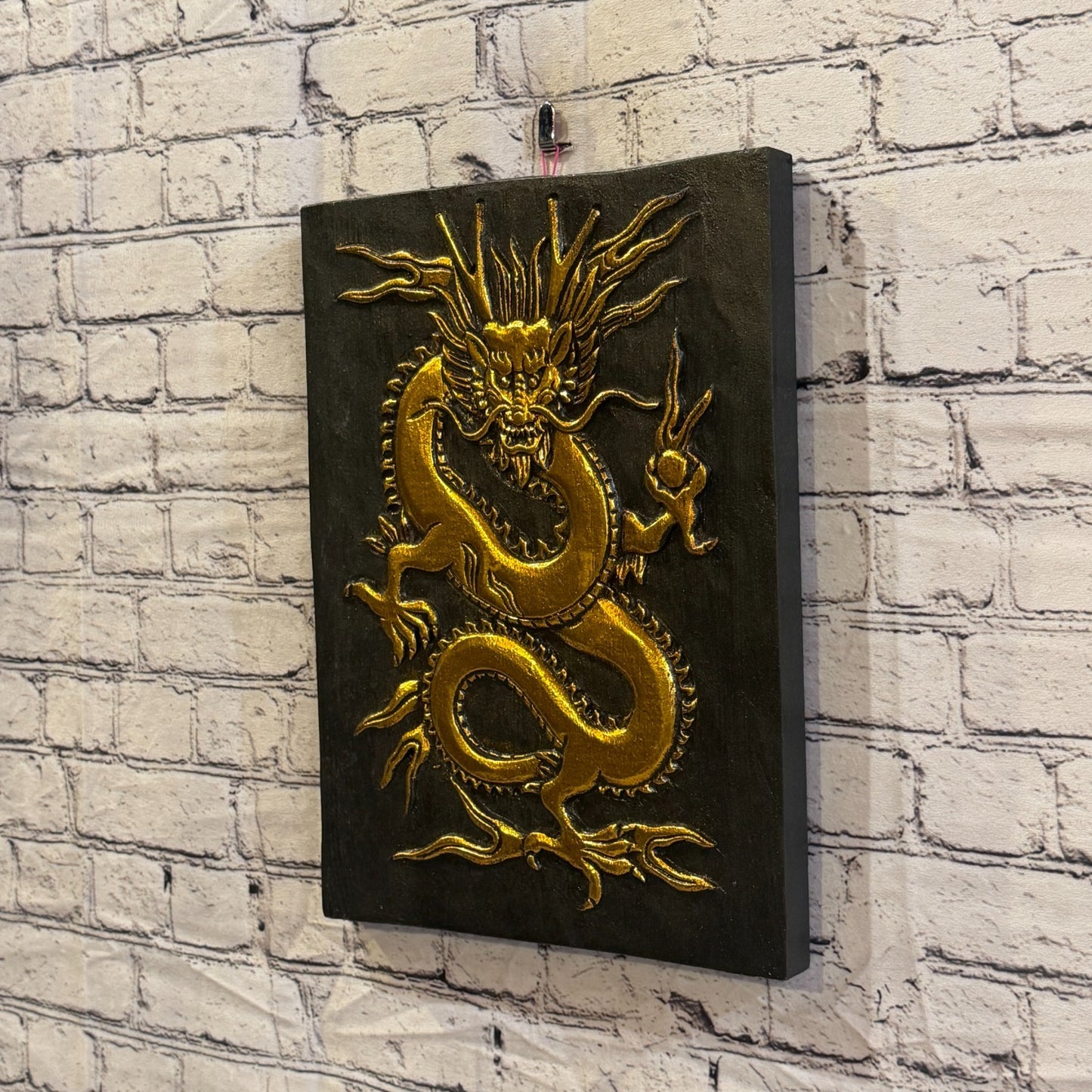 Wooden Wood Panel 40cm Black Gold Chinese Dragon Wall Art Plaque Handcarved1