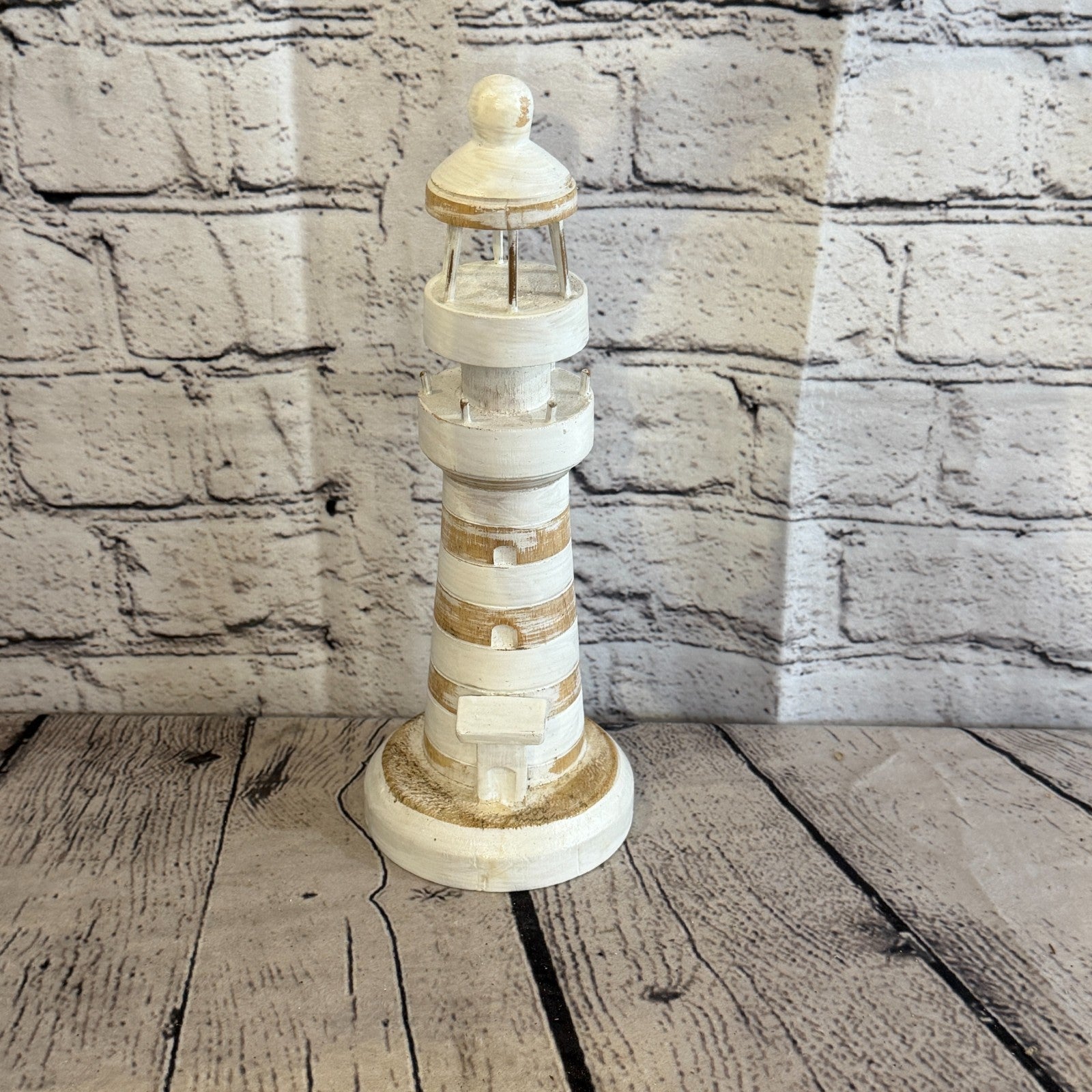 25cm Cream White Wooden Lighthouse Detailed Ornament Nautical Coastal Sculpture1
