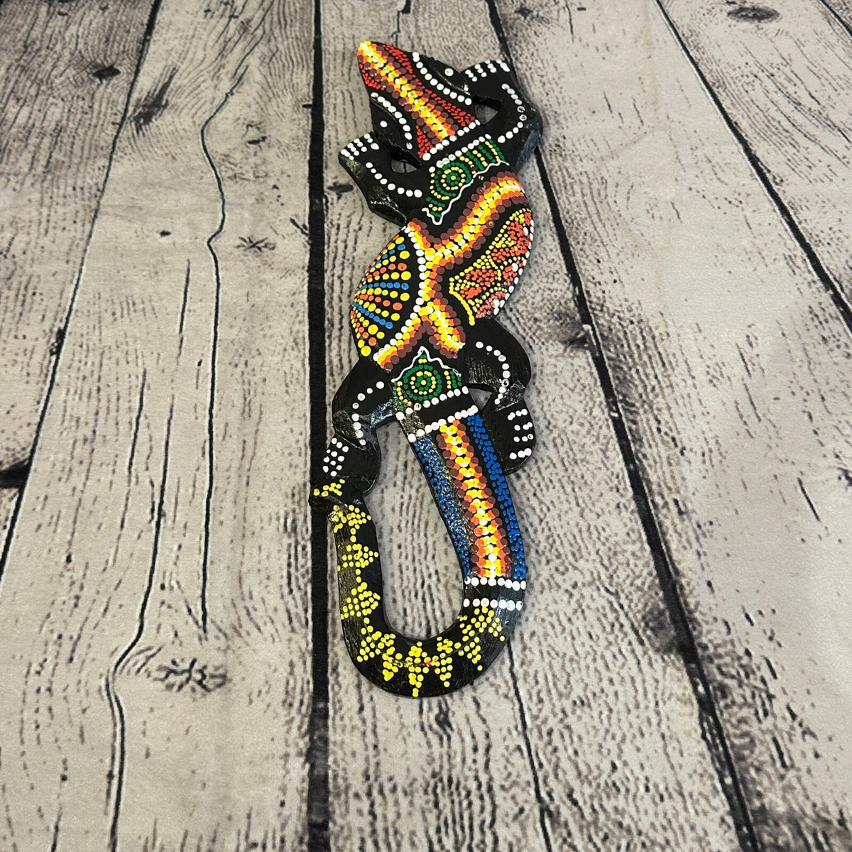 30cm Gecko Carved Wooden Dot Painted Ethnic Tribal Tiki Wall Handmade No 43