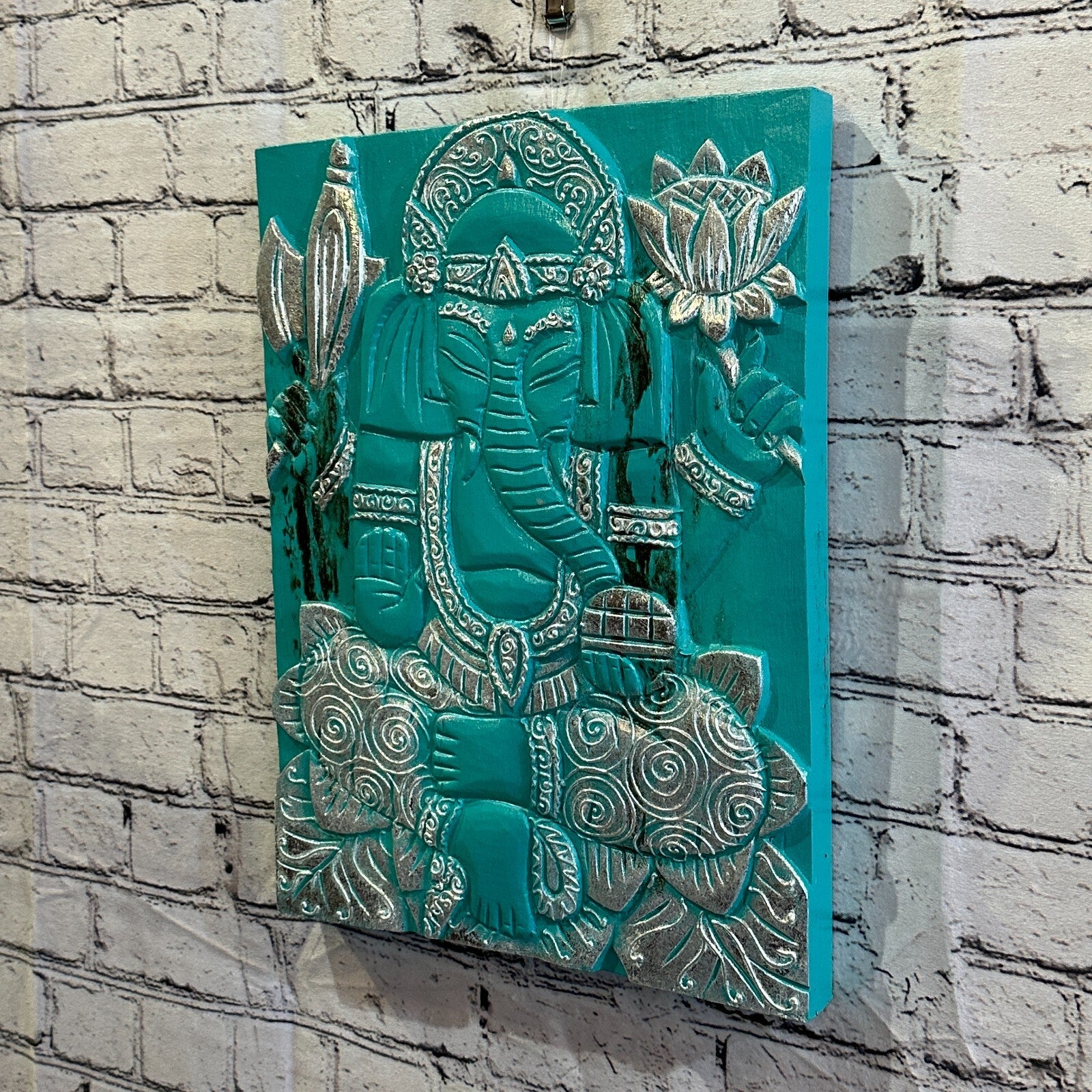 Wooden Wood Panel 40cm Brown Teal Ganesh Lotus Wall Art Plaque Handcarved1