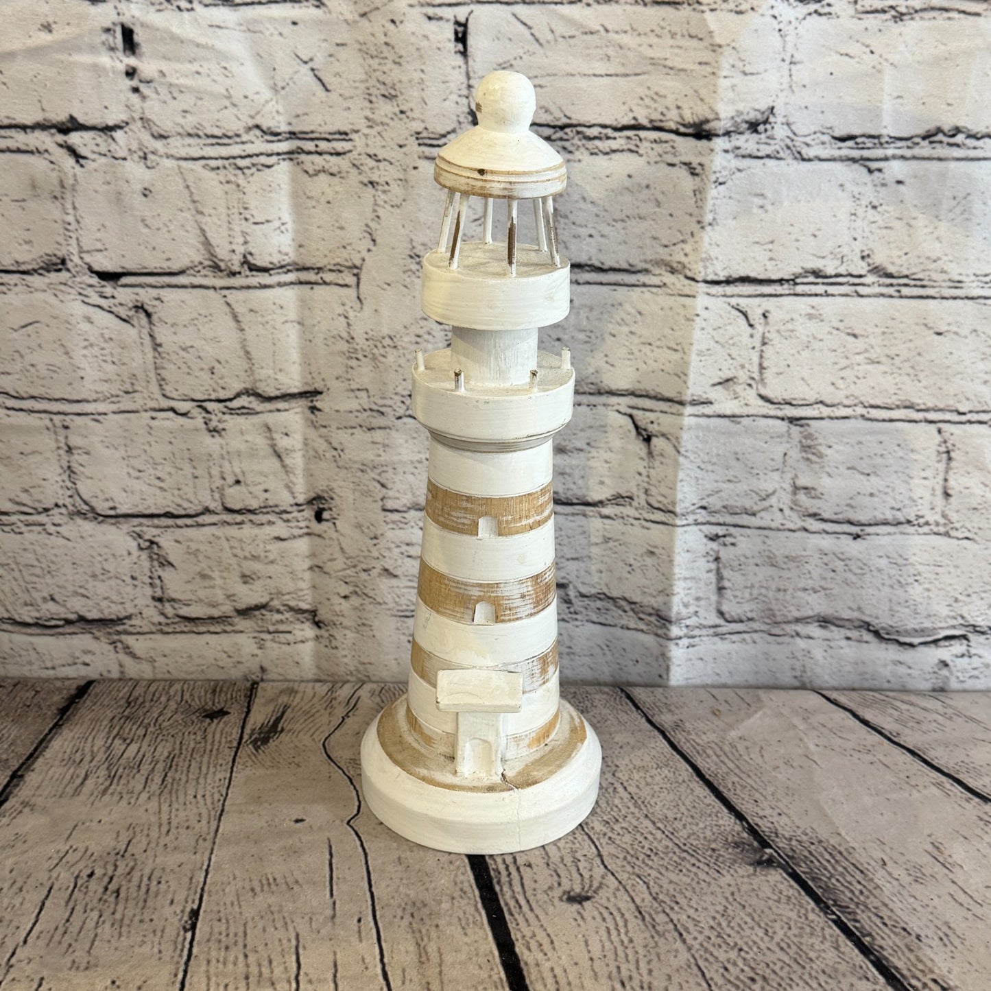 30cm Cream White Wooden Lighthouse Detailed Ornament Nautical Coastal Sculpture1