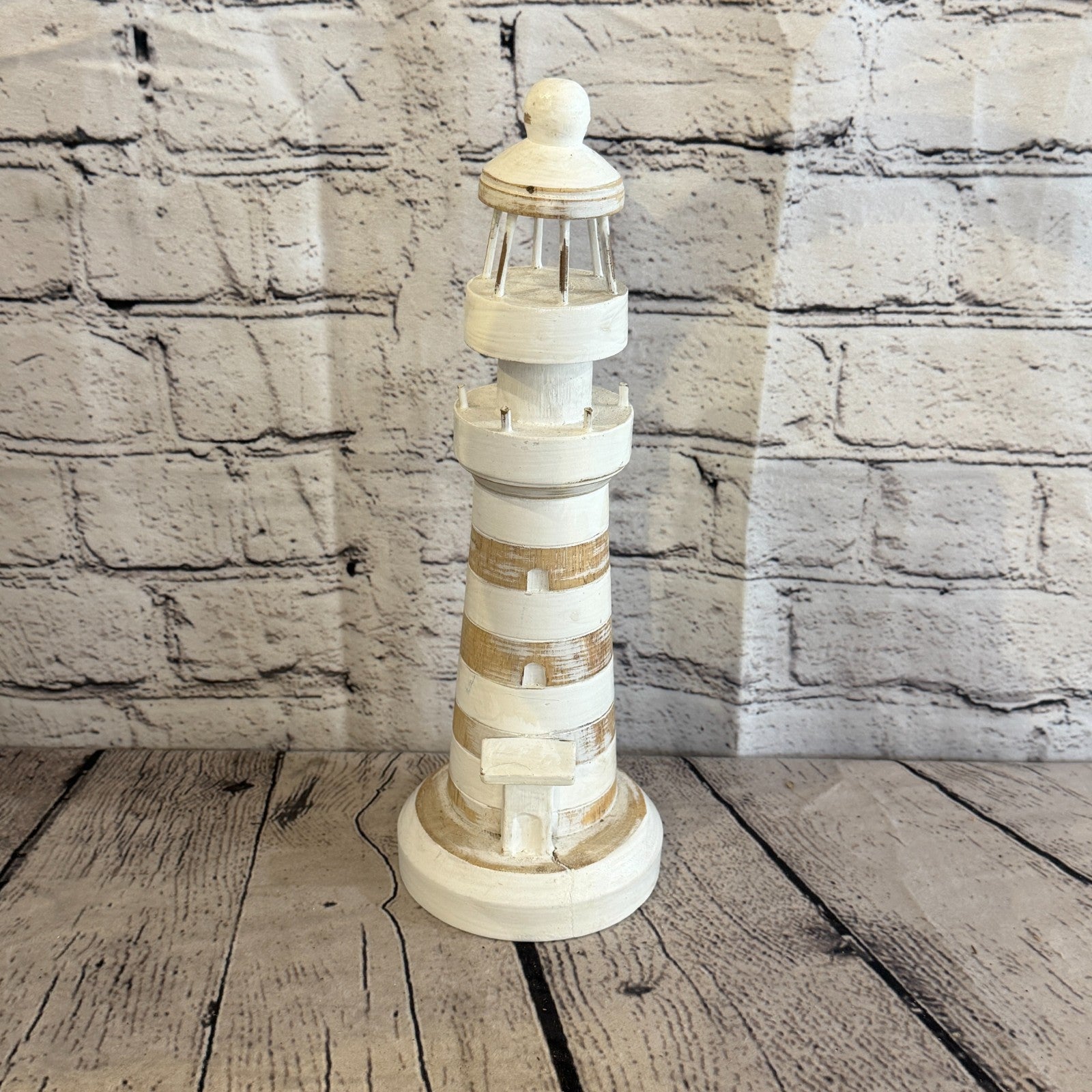 30cm Cream White Wooden Lighthouse Detailed Ornament Nautical Coastal Sculpture1
