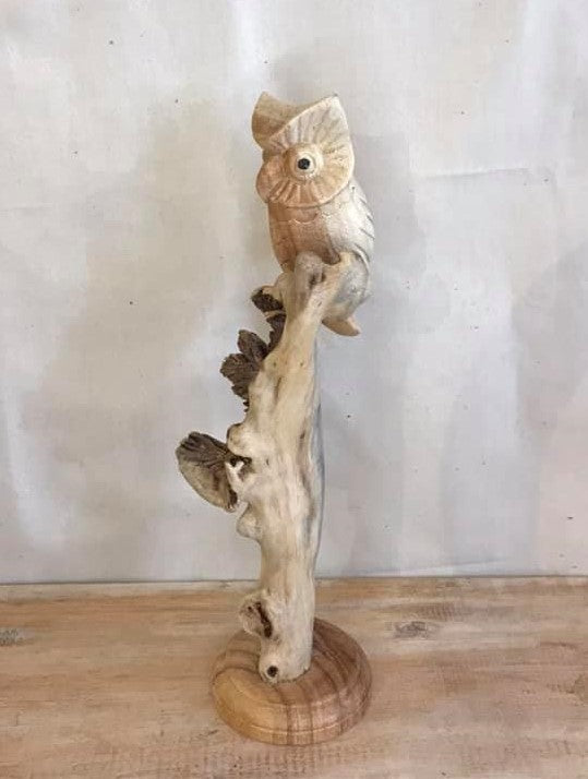 20cm Single Owl Mushroom Parasite Ornament Natural Carving Fairtrade Wooden1