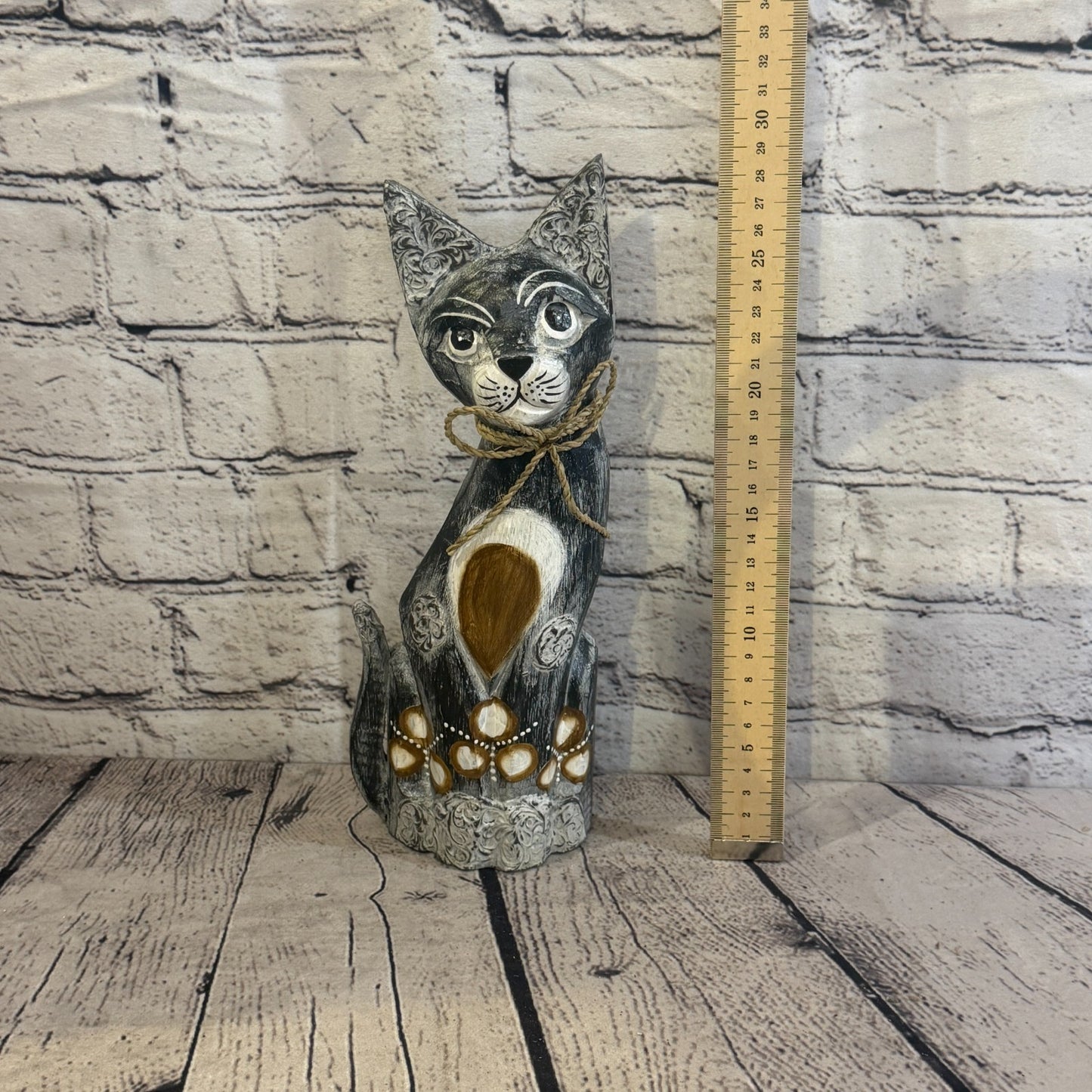30cm Grey Silver Dots Wooden Shabby Cat Statue Ornament Fair Trade Handcarved5