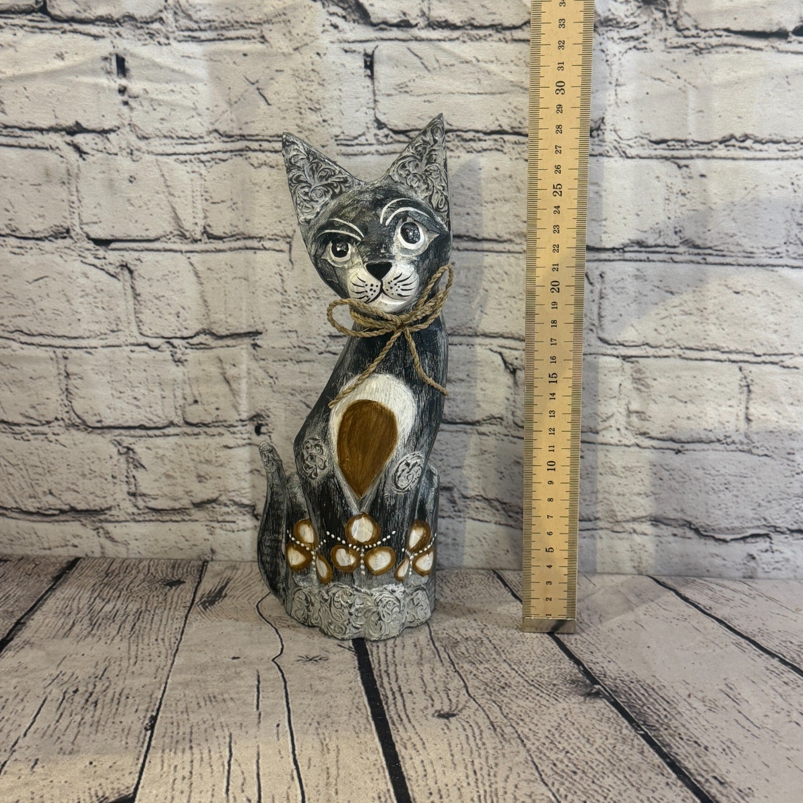 30cm Grey Silver Dots Wooden Shabby Cat Statue Ornament Fair Trade Handcarved5