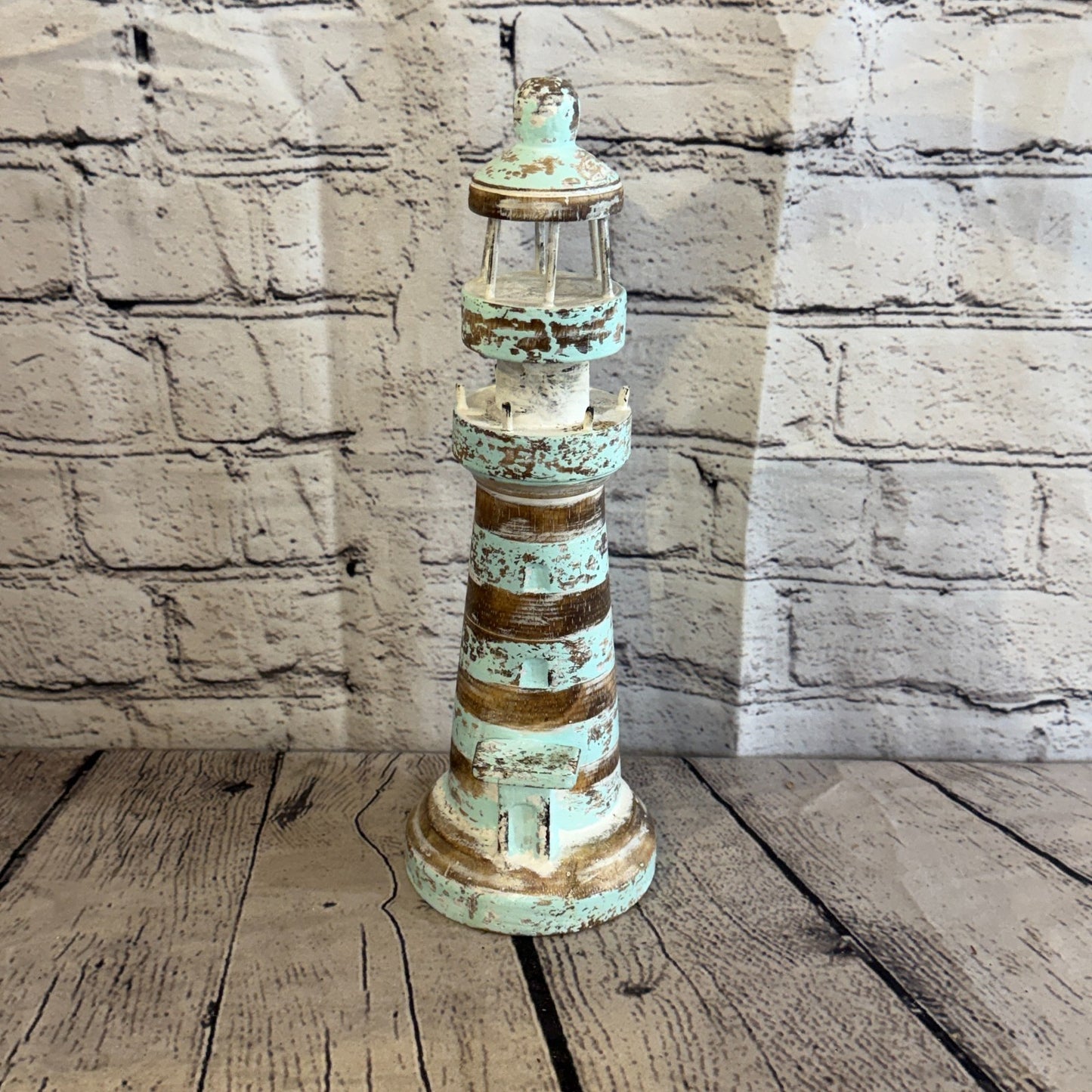 30cm Green White Wooden Lighthouse Detailed Ornament Nautical Coastal Sculpture1