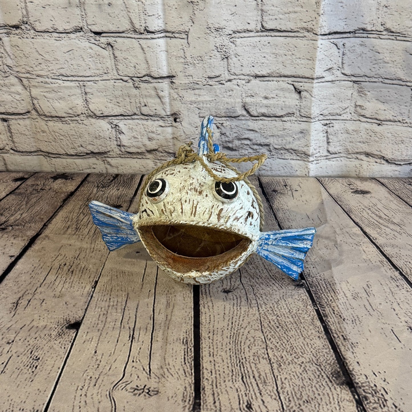 White Blue Fins Folk Art Painted Shark Fish Coconut Shell Ornaments Hanging1
