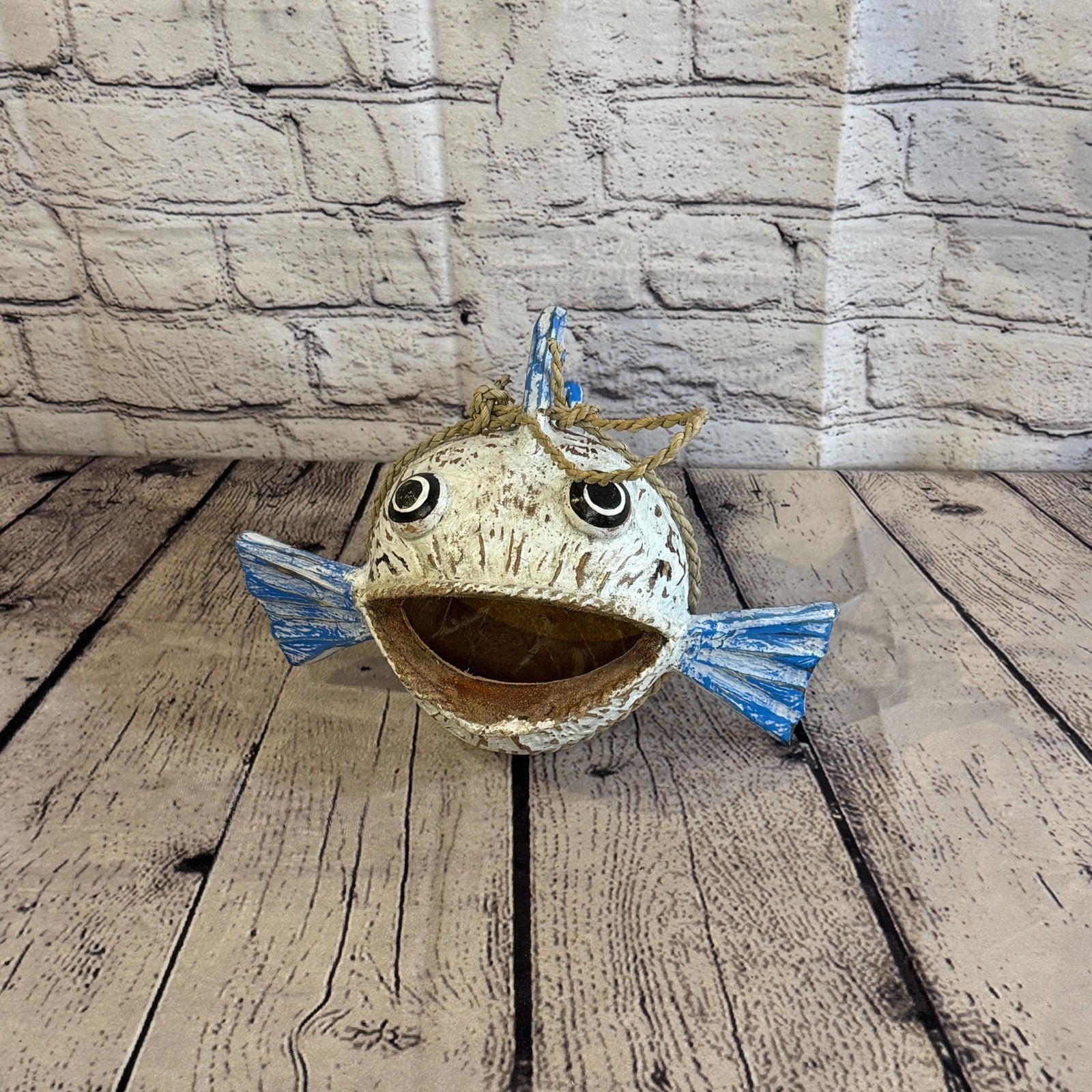 White Blue Fins Folk Art Painted Shark Fish Coconut Shell Ornaments Hanging1