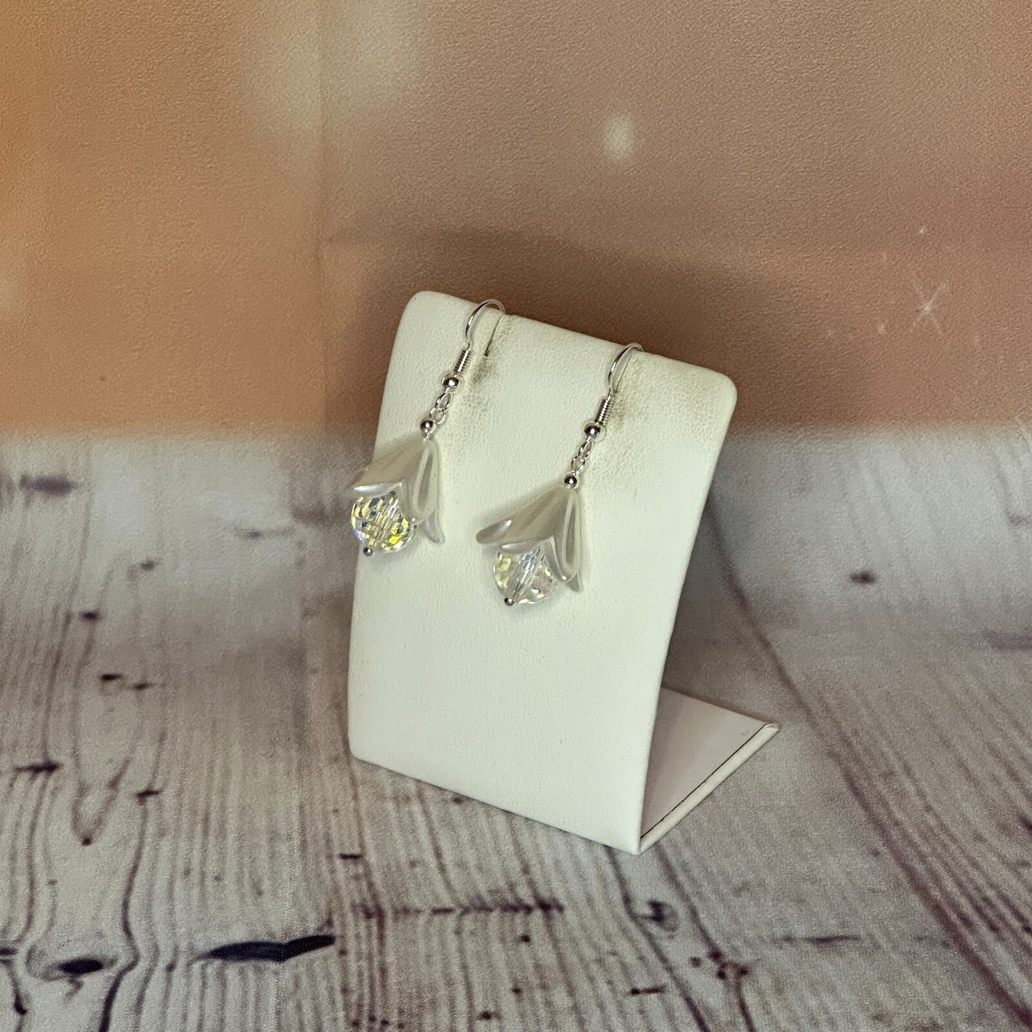 Clear Round Crystal Lily Flower Dangle Drop Earrings Handmade UK Jewellery1