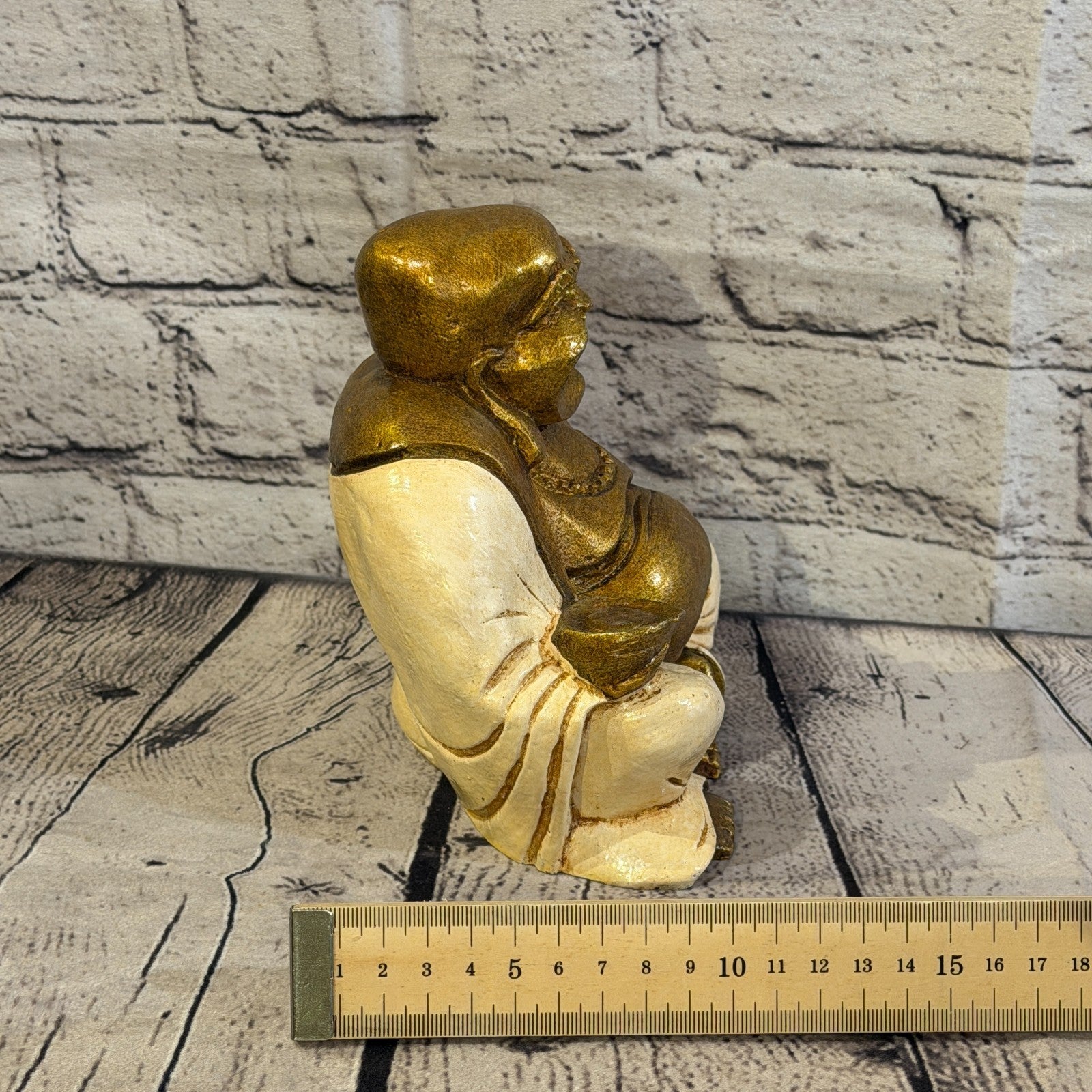 Cream & Bronze 15cm x 15cm Large Chinese Buddha Sitting On Lotus Statue Resin7