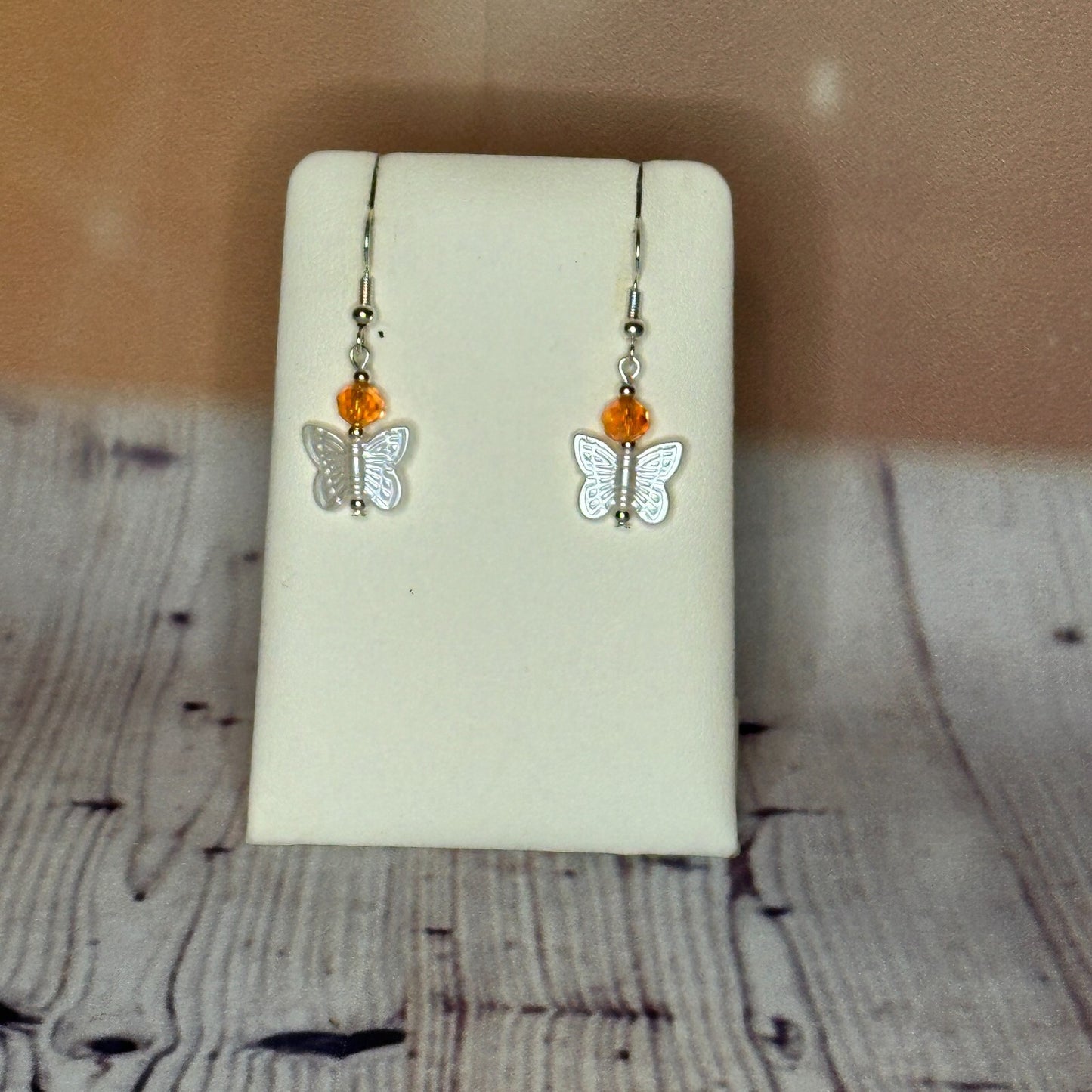 Orange Crystal And White Butterfly Dangle Drop Earrings Handmade UK Jewellery0