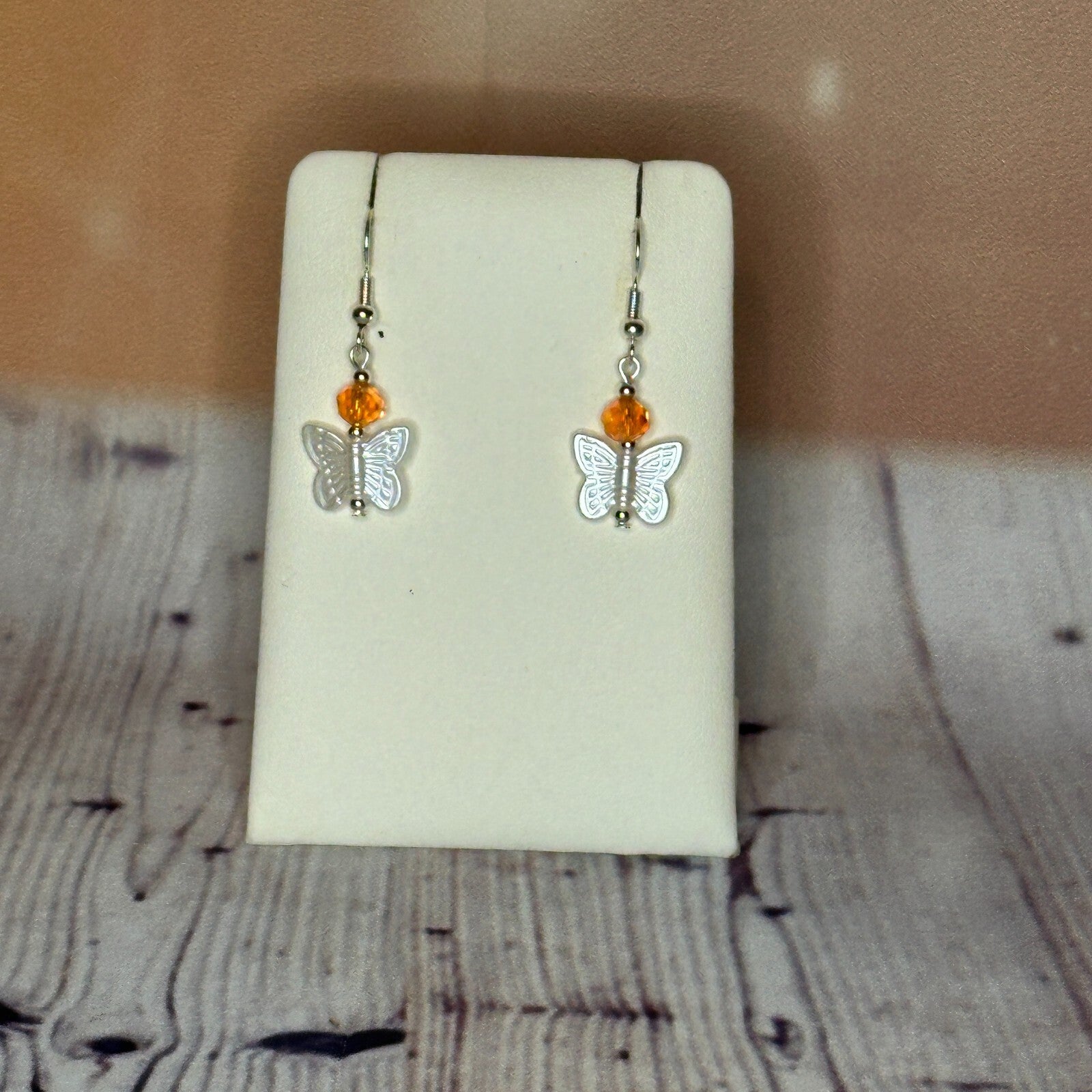 Orange Crystal And White Butterfly Dangle Drop Earrings Handmade UK Jewellery0