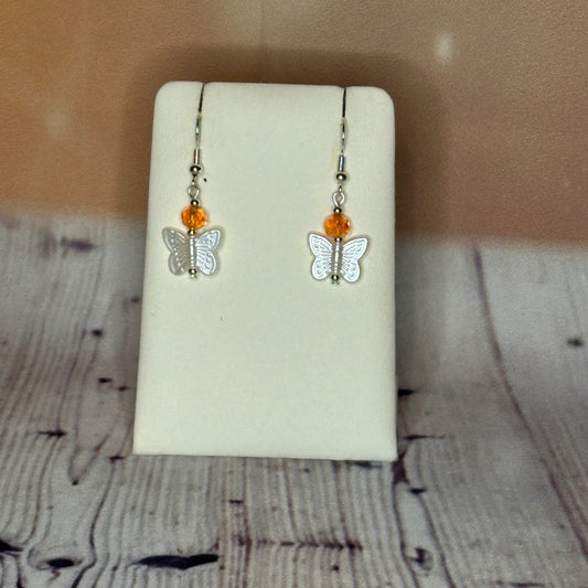 Orange Crystal And White Butterfly Dangle Drop Earrings Handmade UK Jewellery0