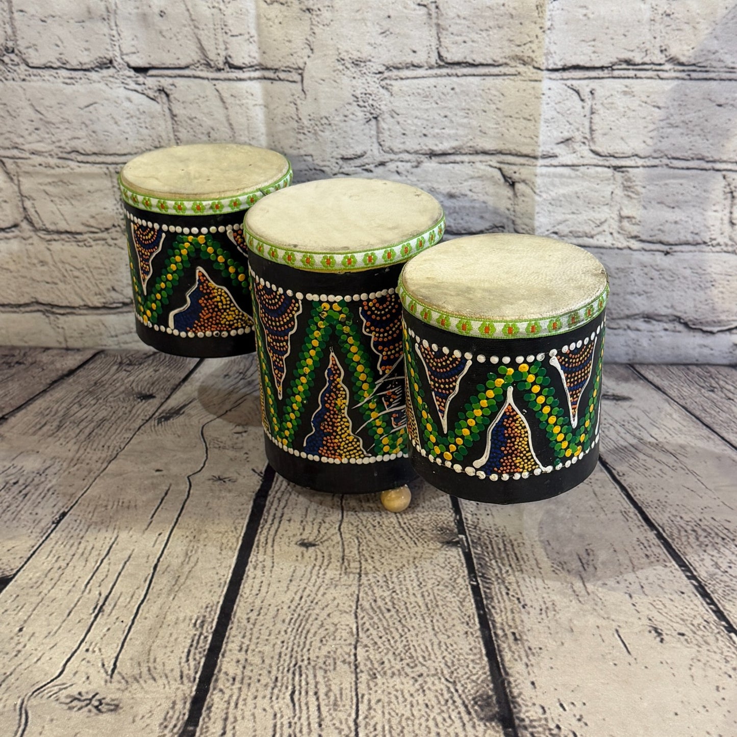 15cm Triple Djembe Drums Musical Instrument Hand Made Fair Trade Dot Painted1