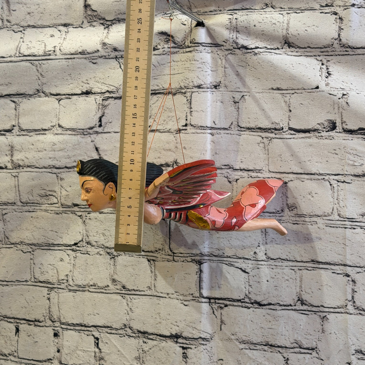 30cm Red Sita Hindu Folk Art Carved Wood Flying Winged Mobile Spirit Guardian4