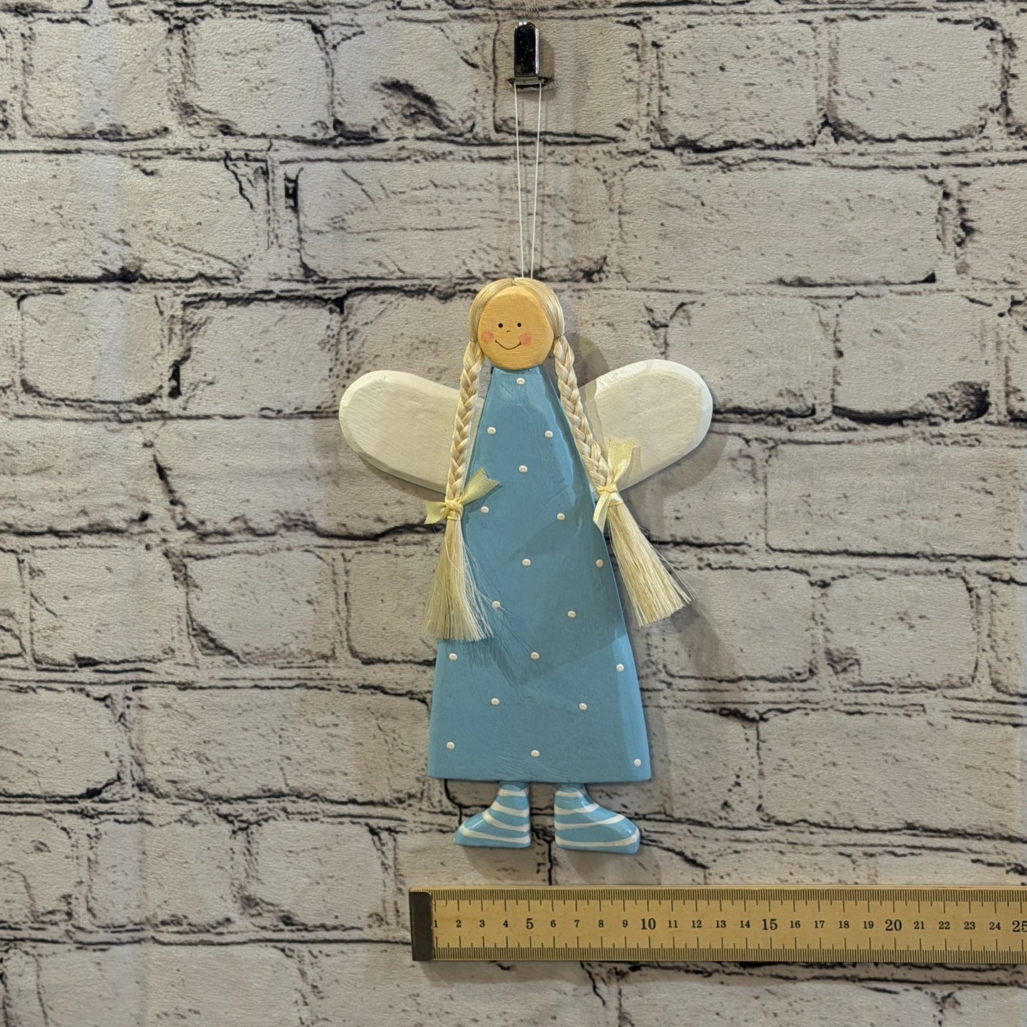 25cm Blue Wall Hanging Angel Figurine Folk Art Wood Fabric Baltic Handmade5