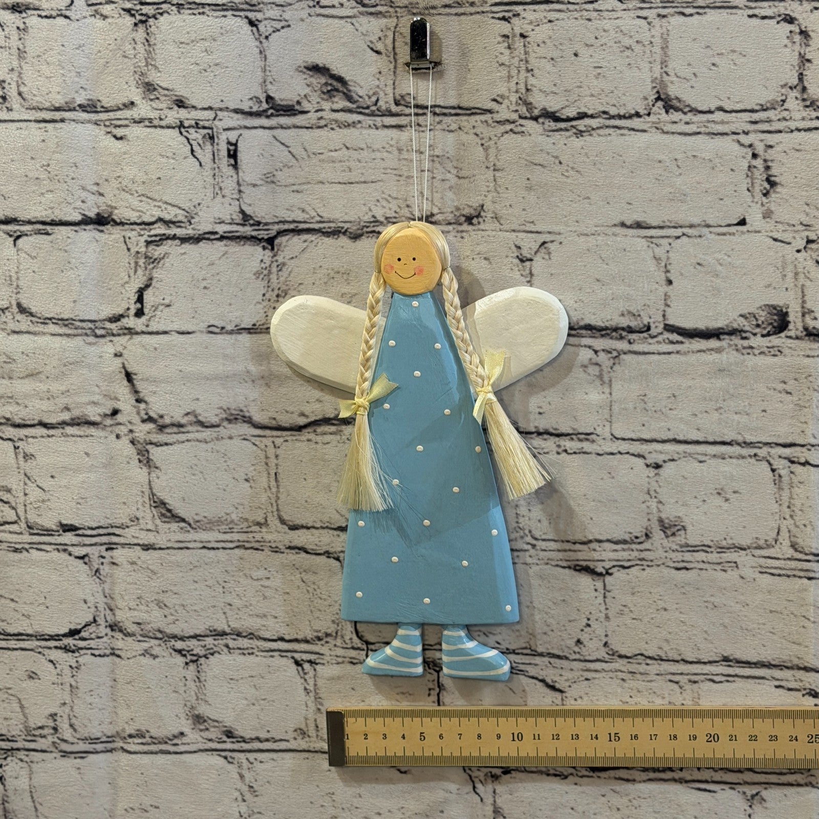 25cm Blue Wall Hanging Angel Figurine Folk Art Wood Fabric Baltic Handmade5