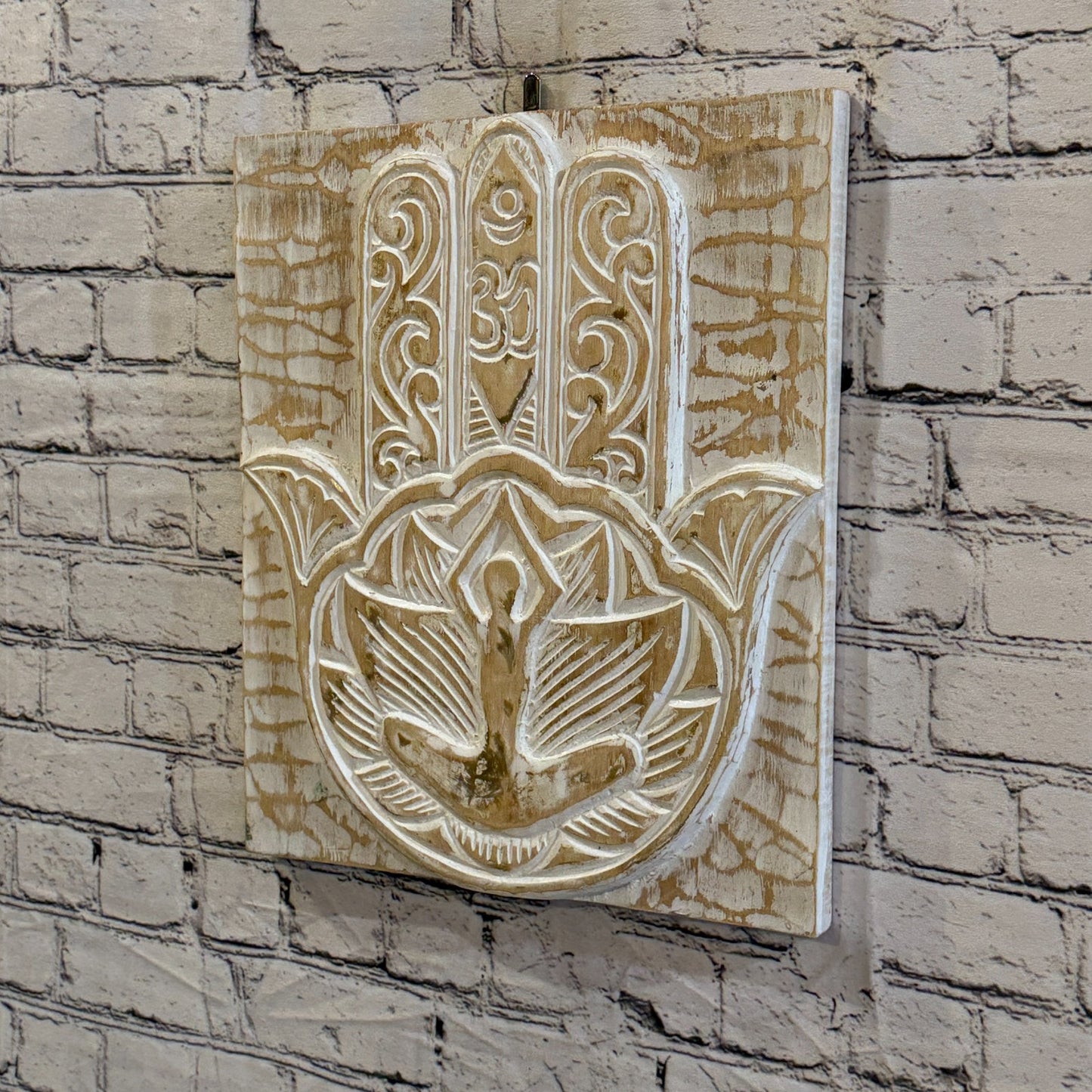 40cm x 35cm Hand Of Fatima White Wooden Wood Panel Wall Art Plaque Handcarved1