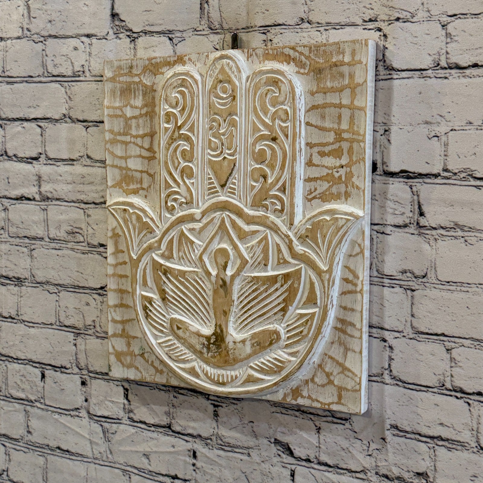 40cm x 35cm Hand Of Fatima White Wooden Wood Panel Wall Art Plaque Handcarved1