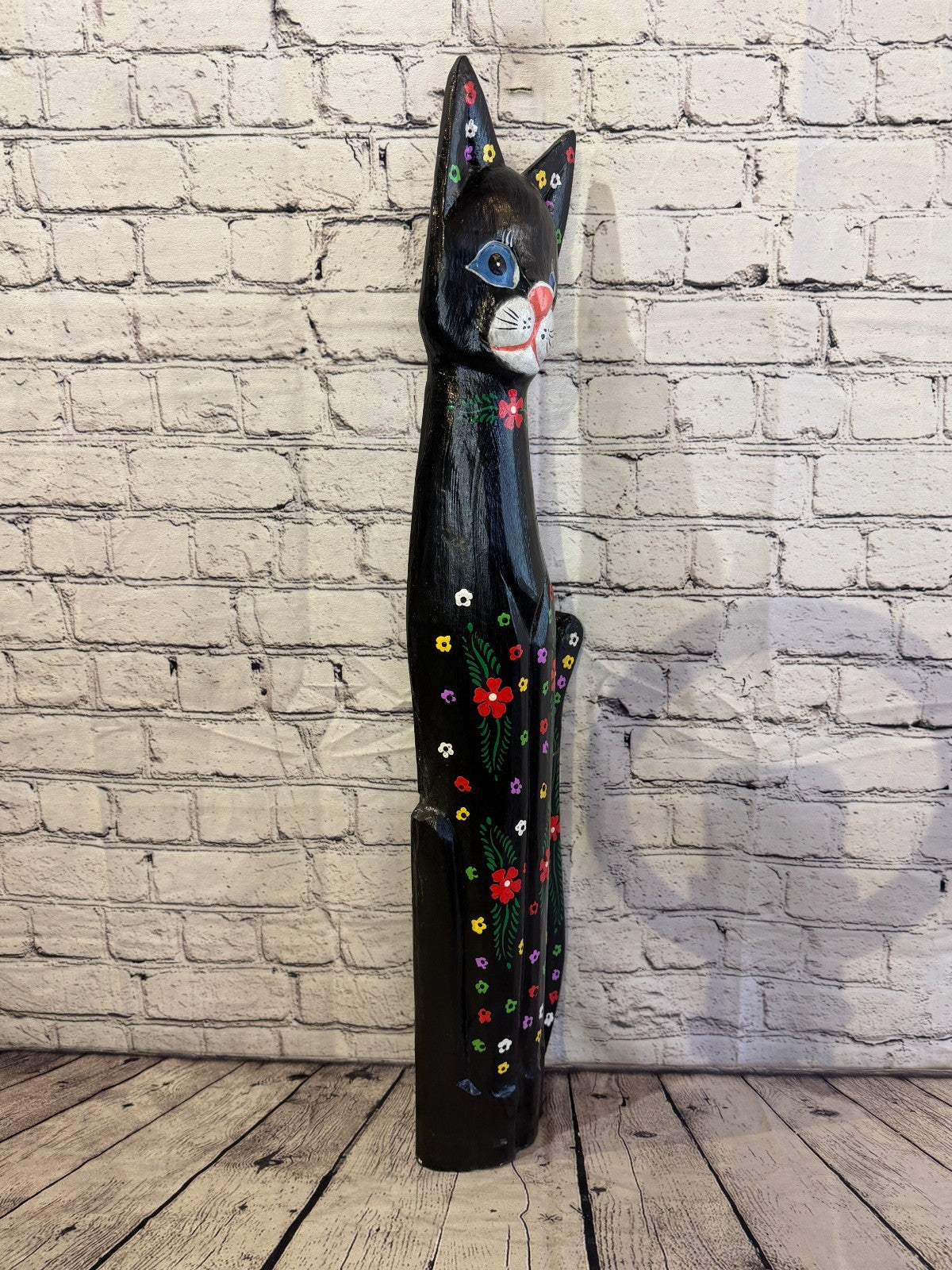 80cm Black Mix Flower Wooden Shabby Cat Statue Ornament Fair Trade Handcarved2