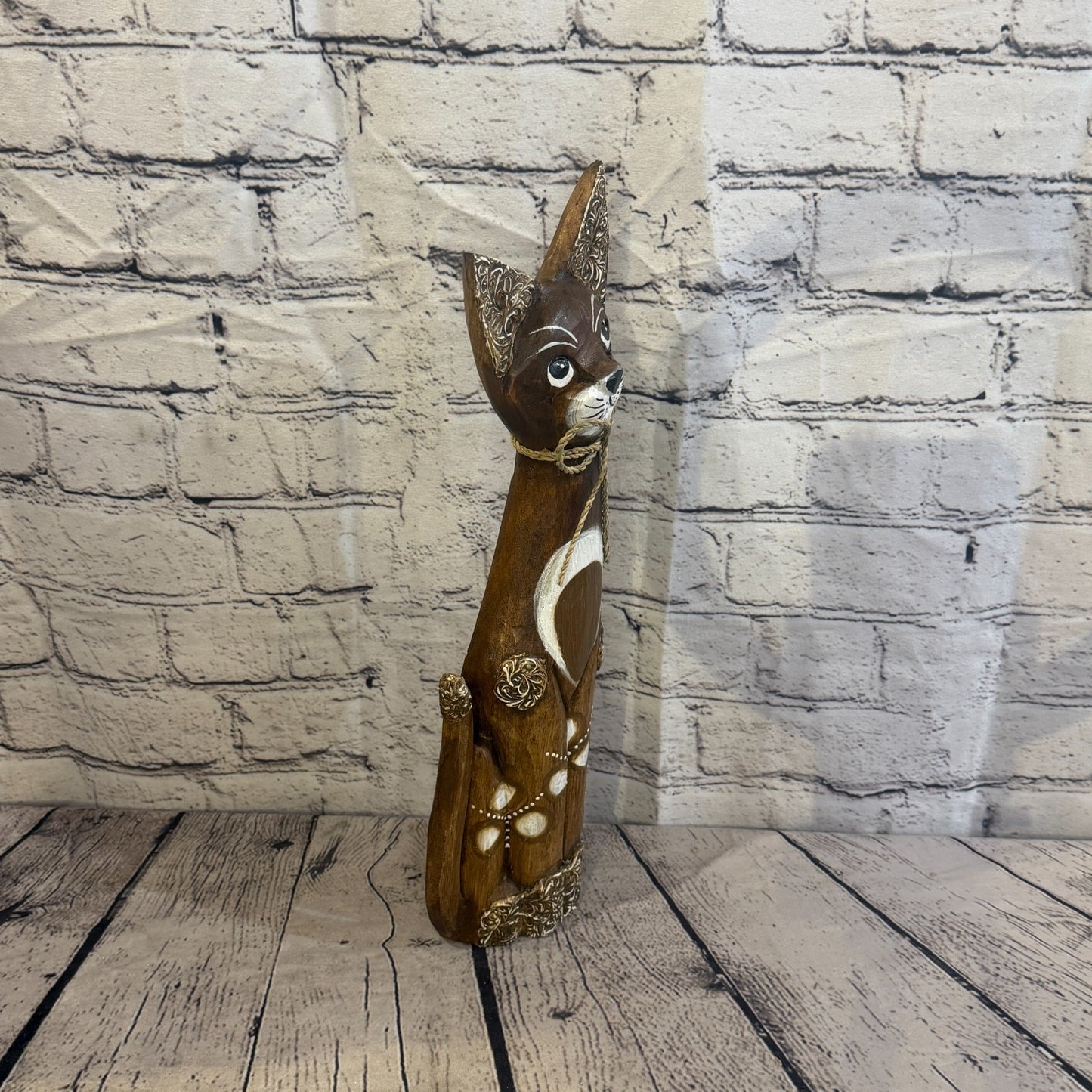 40cm Brown Silver Dots Wooden Shabby Cat Statue Ornament Fair Trade Handcarved2