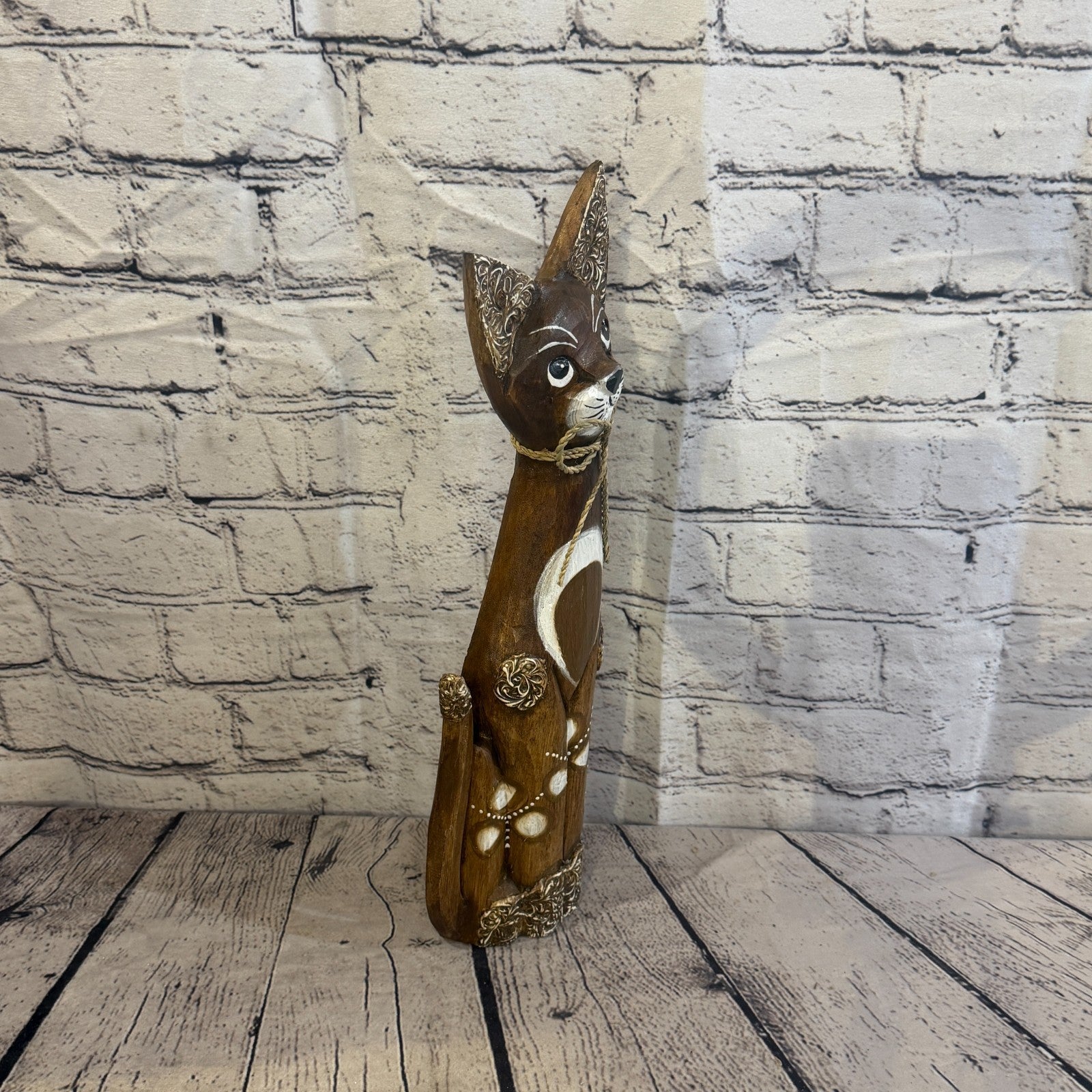 40cm Brown Silver Dots Wooden Shabby Cat Statue Ornament Fair Trade Handcarved2