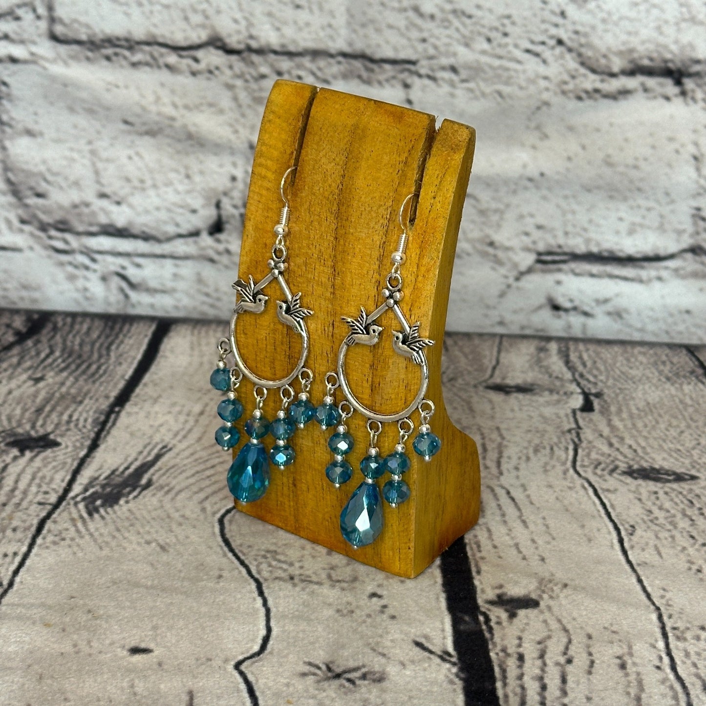 Light Blue Drop Crystal Bird Dangle Drop Earrings Handmade UK Jewellery1