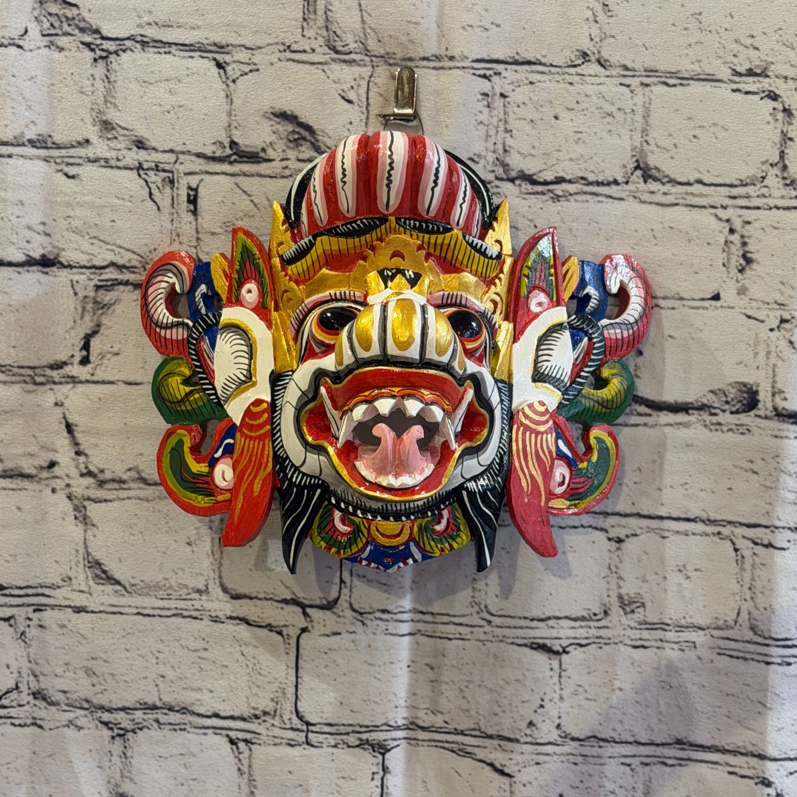 20cm Barong Wide White Demon Dragon Hindu Deity Wooden Hand Carved Mask Painted3