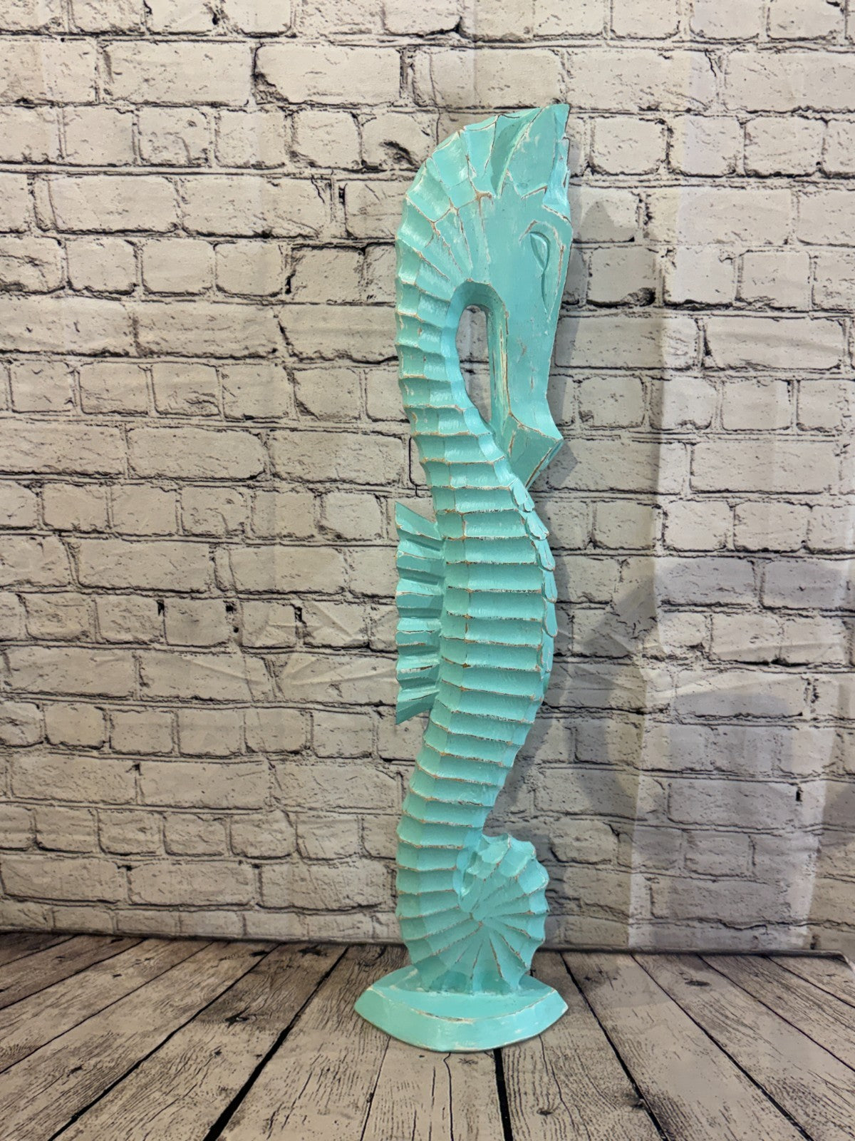 80cm Green Teal Wooden Shabby Seahorse Statue Ornament Fair Trade Handcarved3